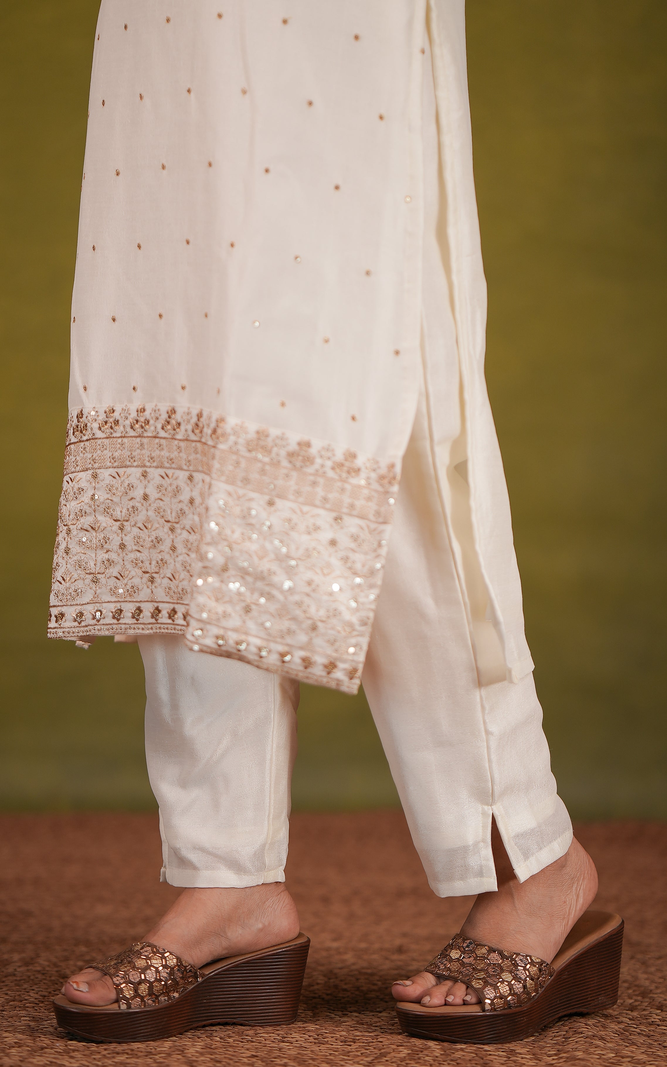 Instore-Cream Art Silk Straight Cut Kurti with Side Slit Featuring Gold Zari Embroidery with Sequin Work Straight Fit Pant with Full Elastic Waistband  Gold Zari Embroidery Dupatta with Sequin Work