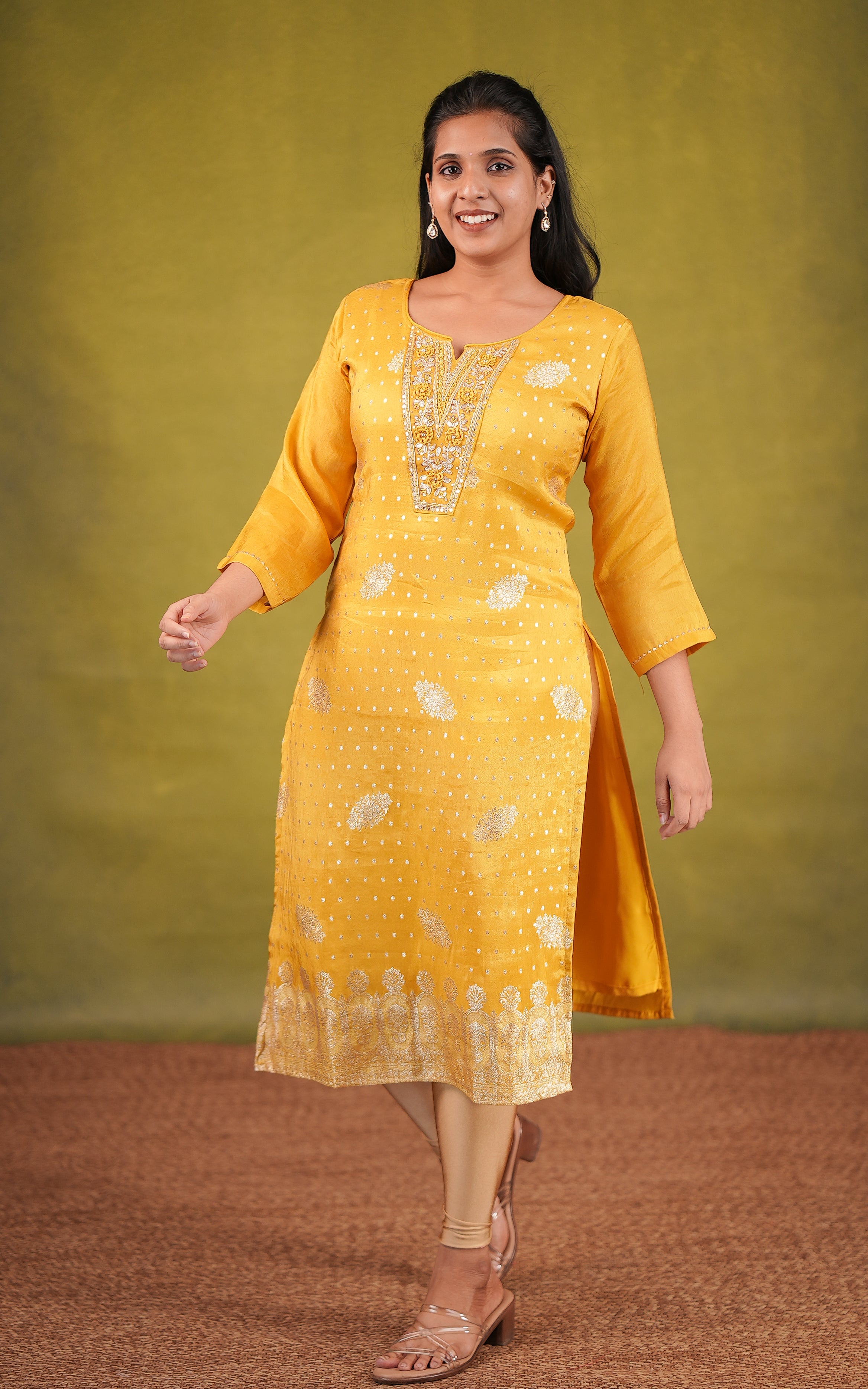 Yellow art silk straight cut kurti for women