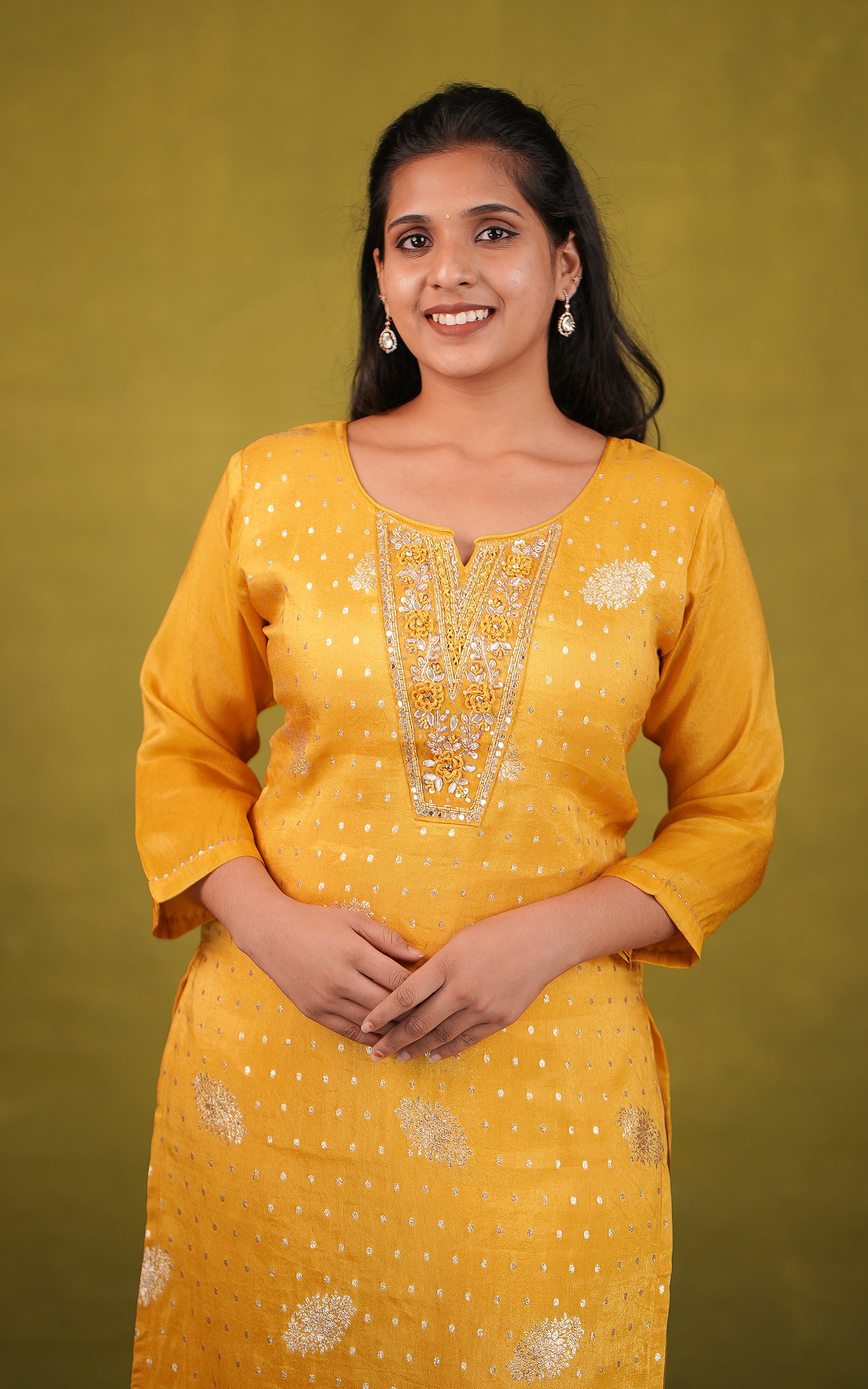 Yellow art silk ethnic print kurti for women