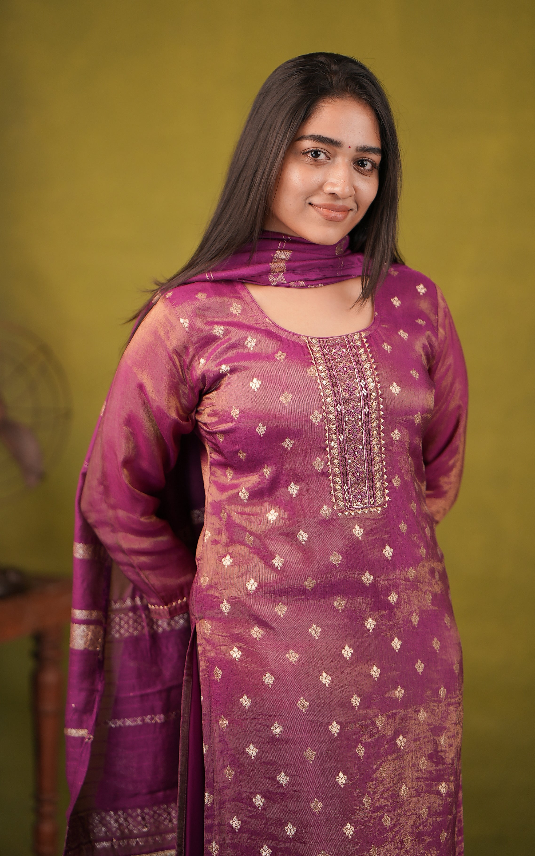 Magenta art silk straight cut kurti set for women