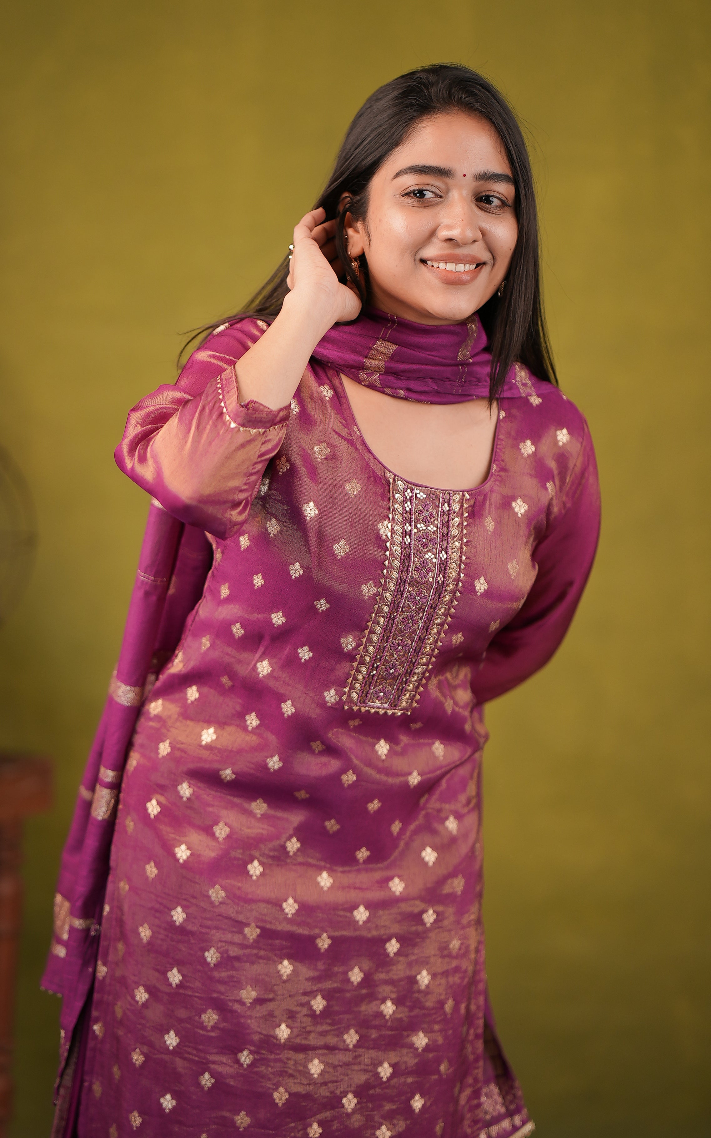 Magenta art silk kurti with elastic waistband pant for women