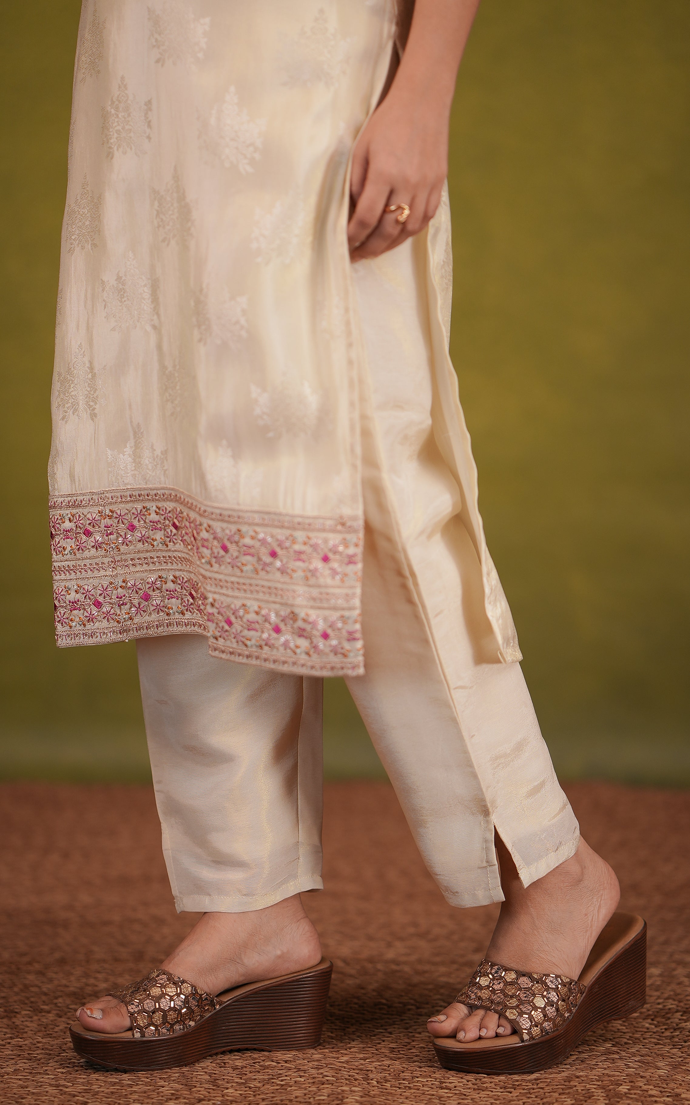 Off white art silk straight cut kurti set for women