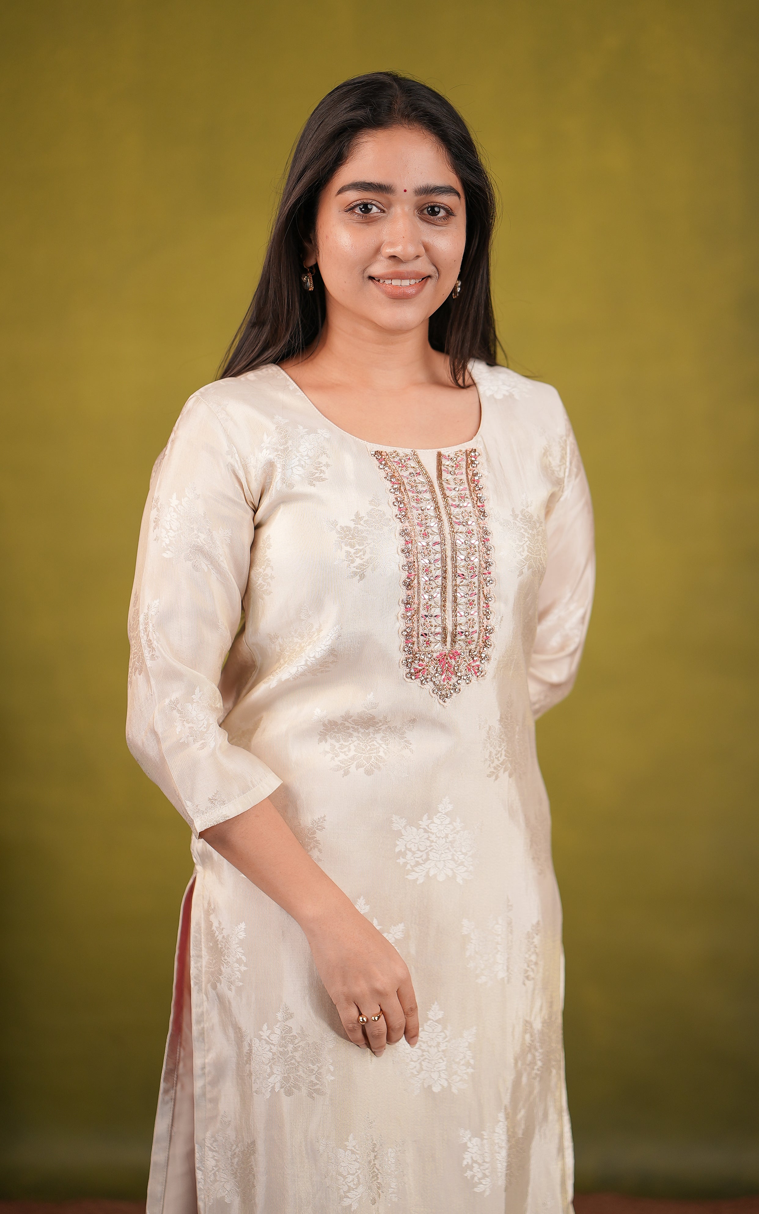 Off white art silk straight cut kurti for women