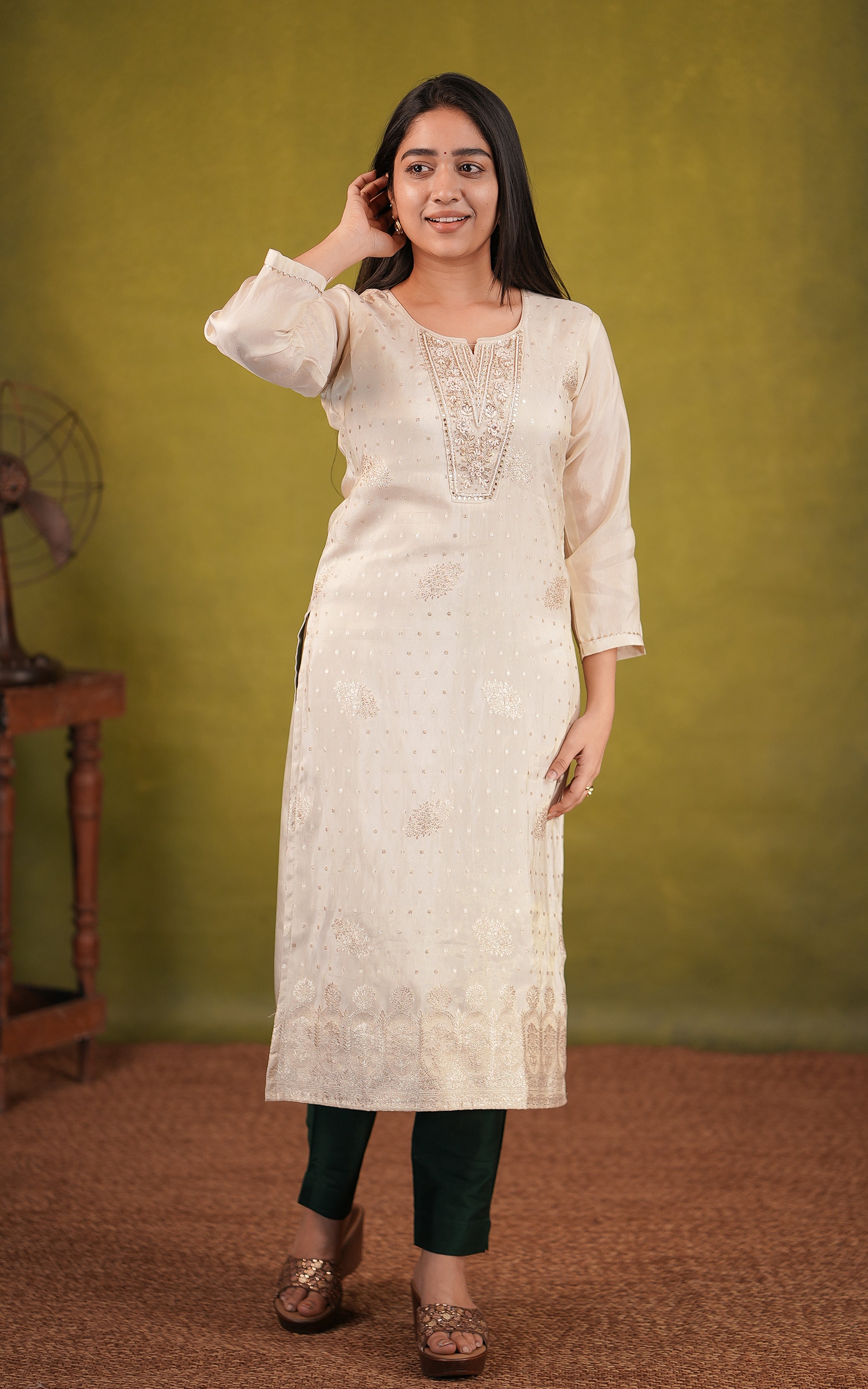 Off white art silk side slit kurti for women