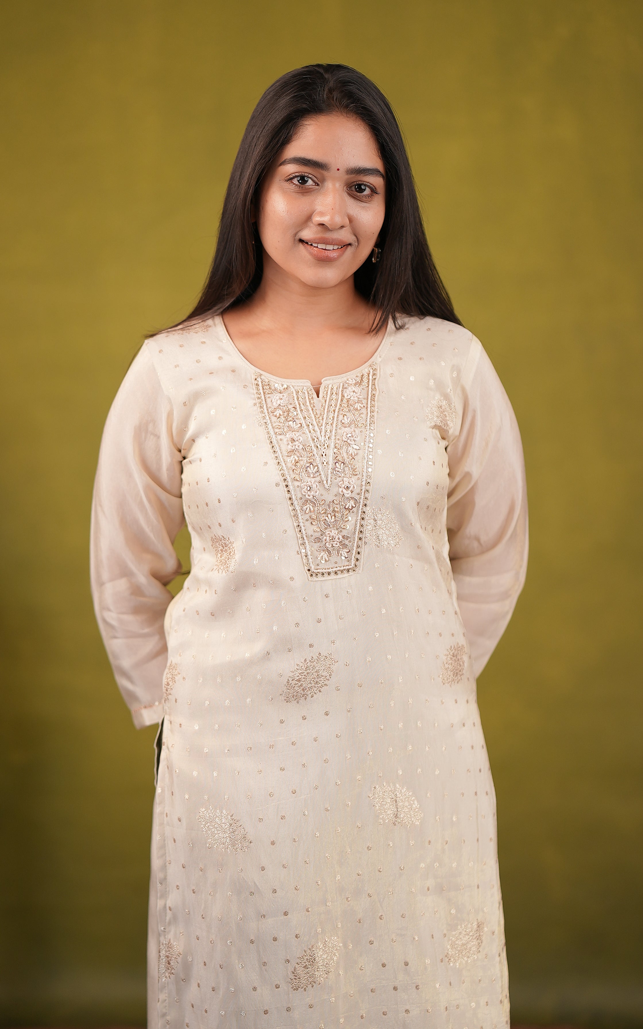 Off white art silk straight cut kurti for women