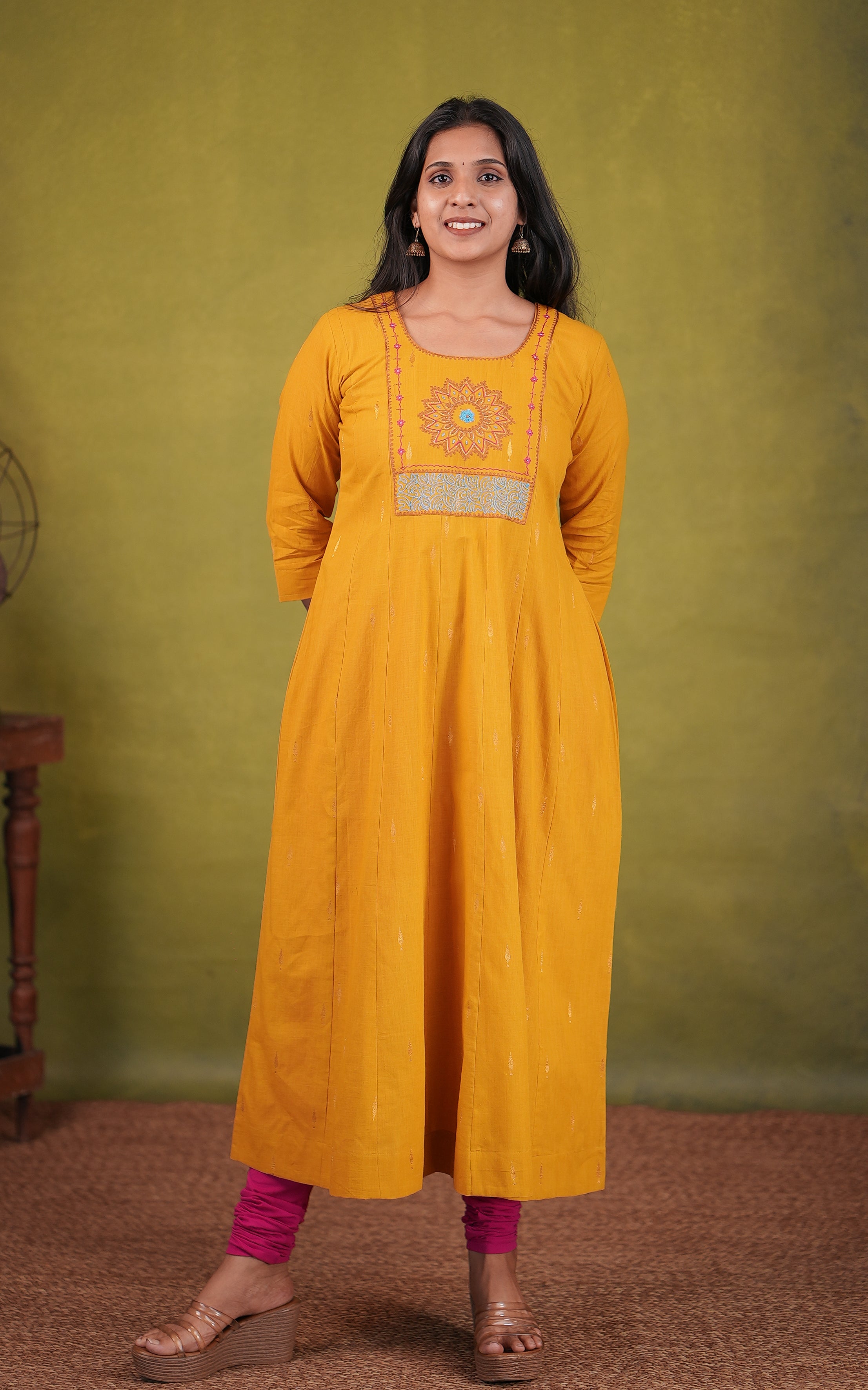 Mustard cotton Aline embroidered kurti for women