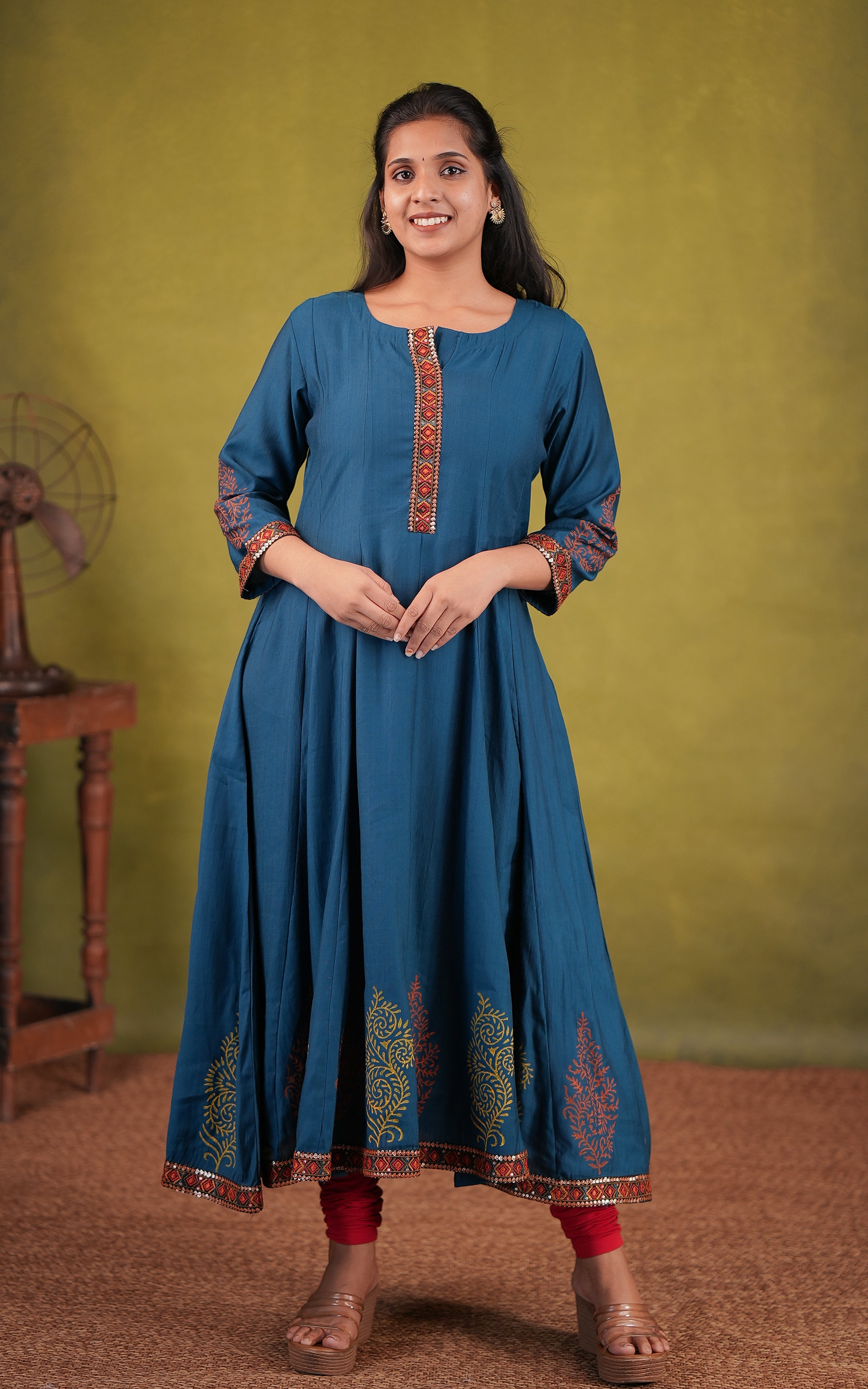 Blue cotton ethnic anarkali kurti for women