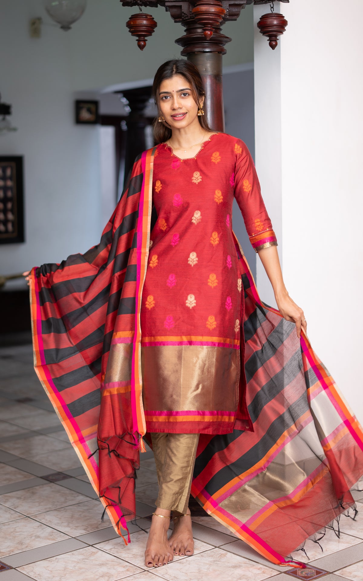 Red Art Silk Festive Wear Kurti with Dupatta for Women