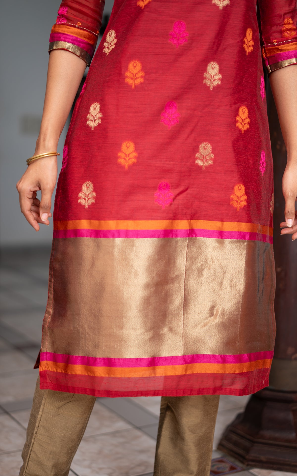 Red Art Silk Traditional Festive Wear Kurti with Dupatta for Women