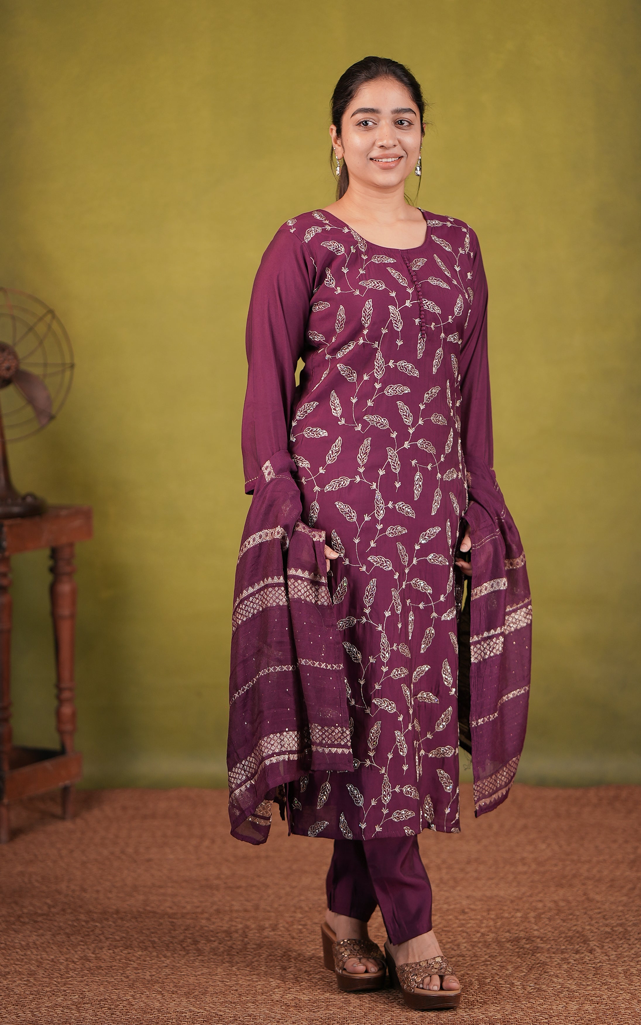 Plum art silk straight cut kurti set for women