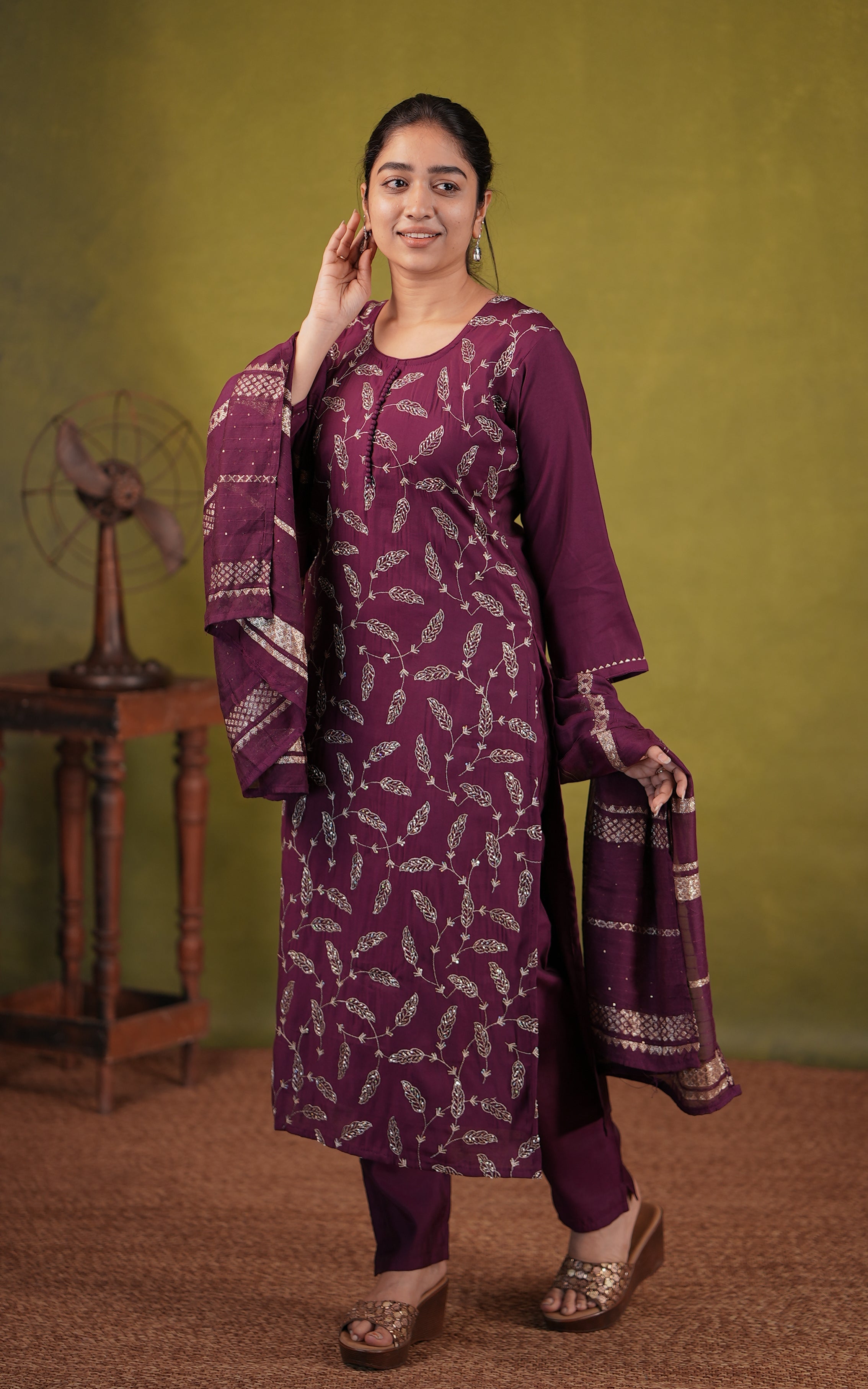 Plum art silk kurti with elastic waist pant for women