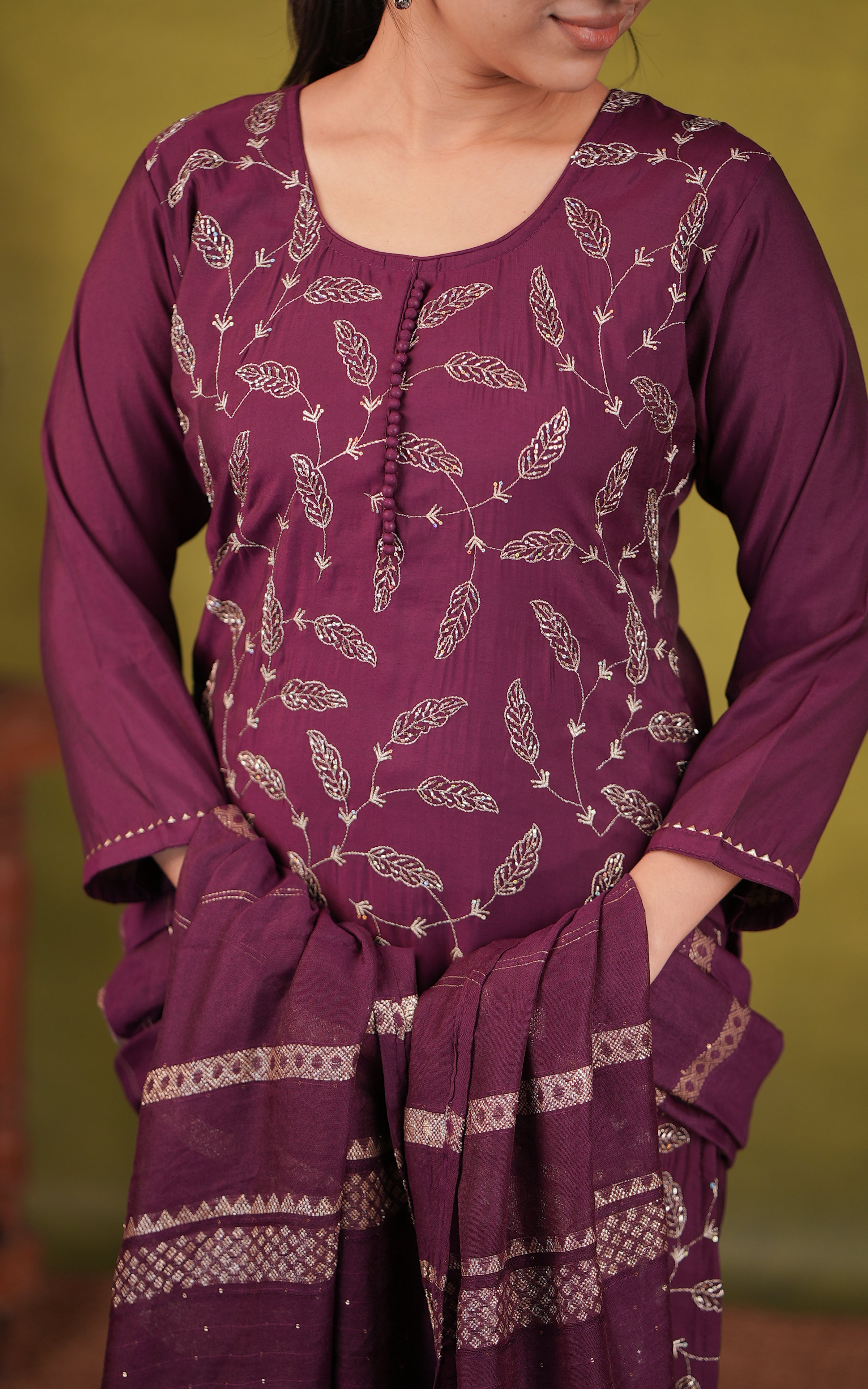 Gold zari work art silk side slit kurti for women