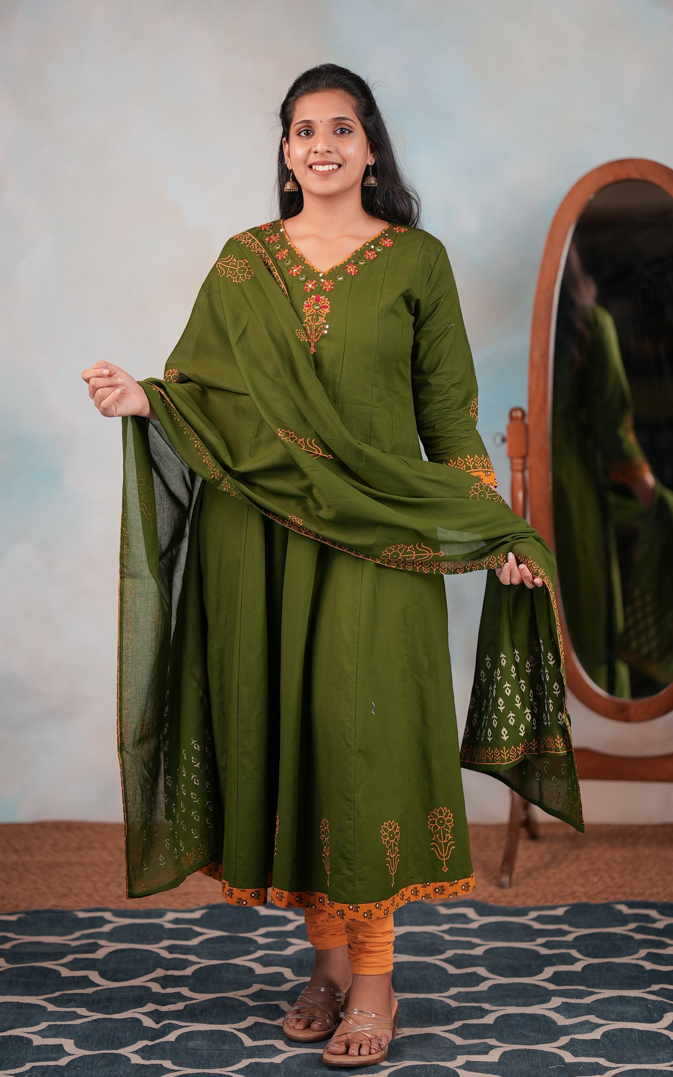 olive green cotton kurti set for women