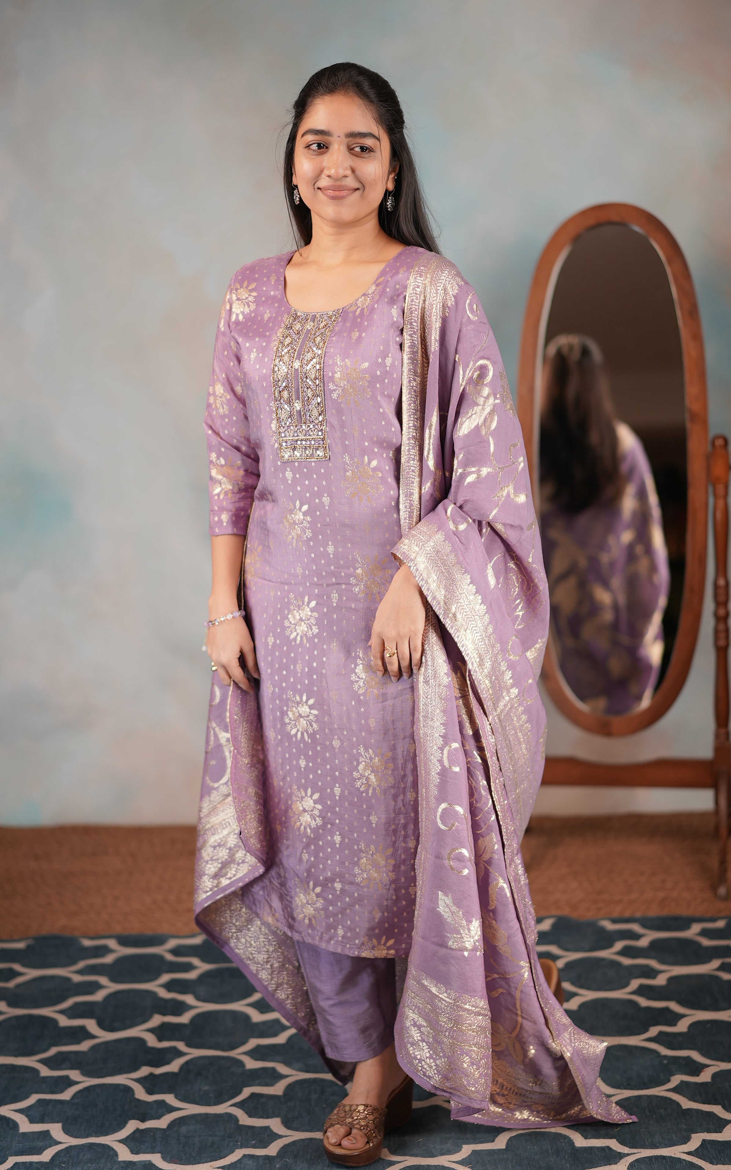 Purple art silk straight cut kurti with dupatta for women