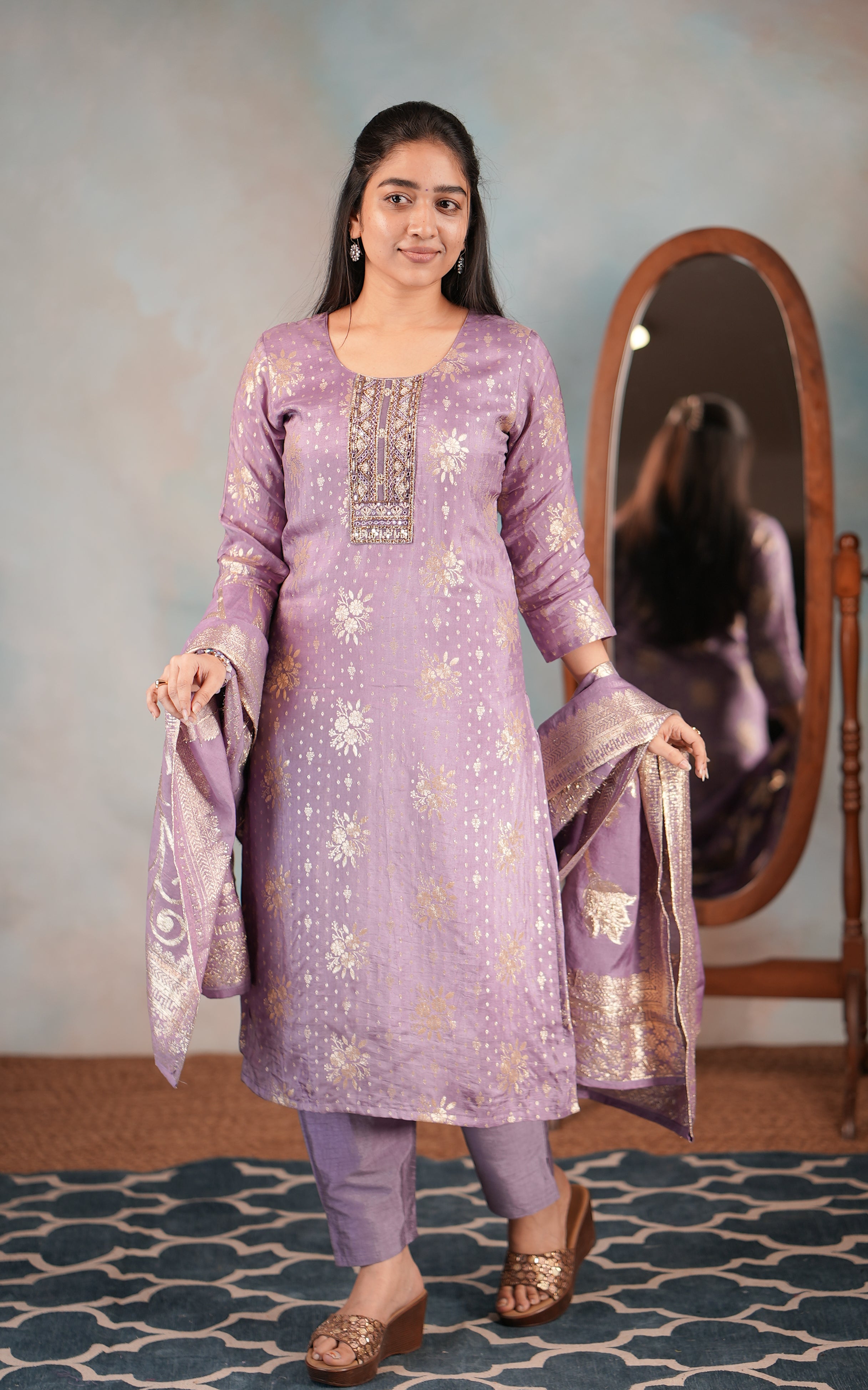 Purple art silk kurti with stretchable pant for women
