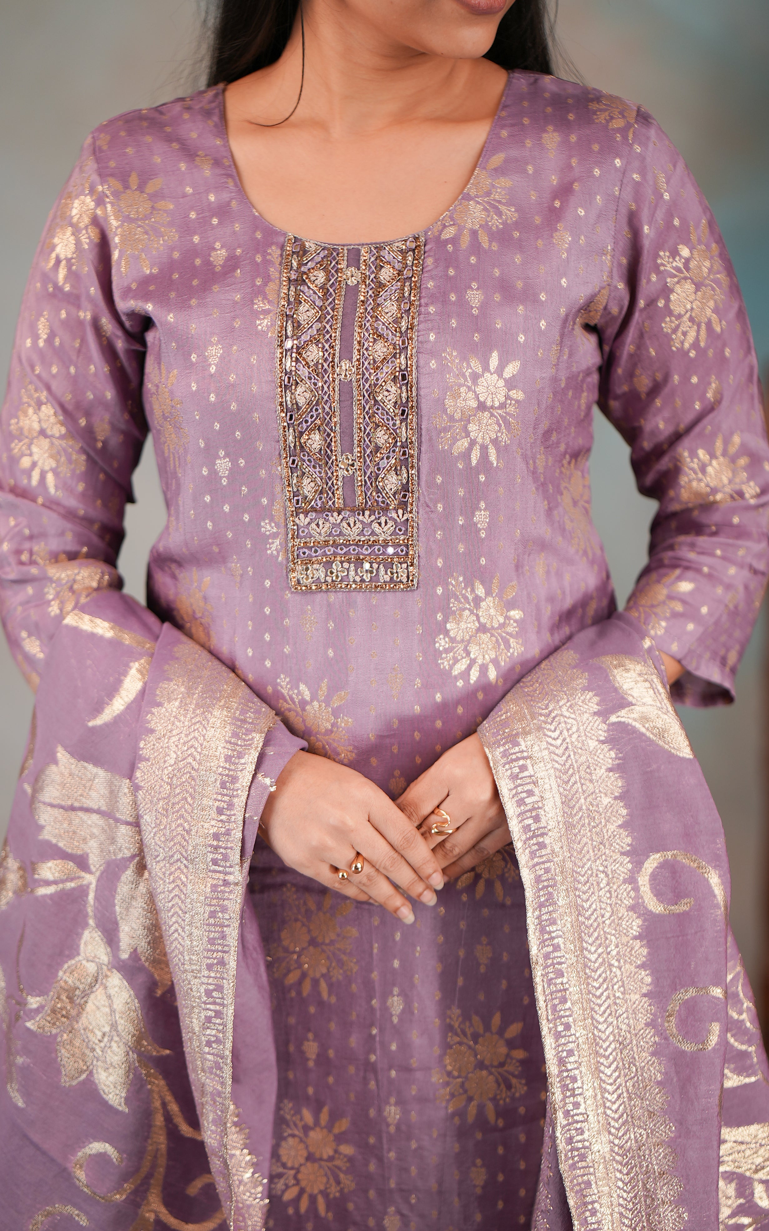 Gold woven motif art silk kurti set for women