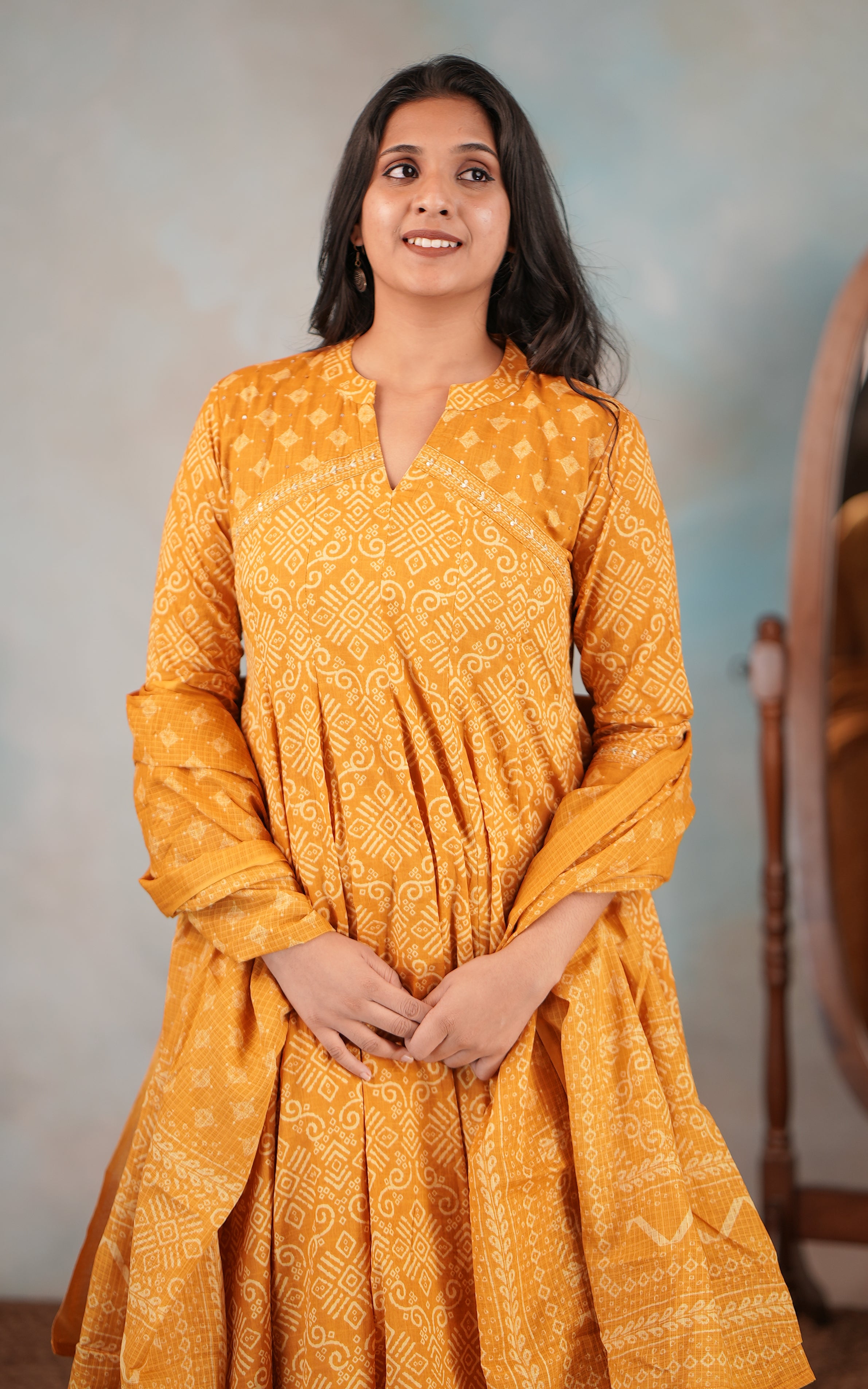 Mustard Yellow Cotton Anarkali Kurti With Dupatta For Women