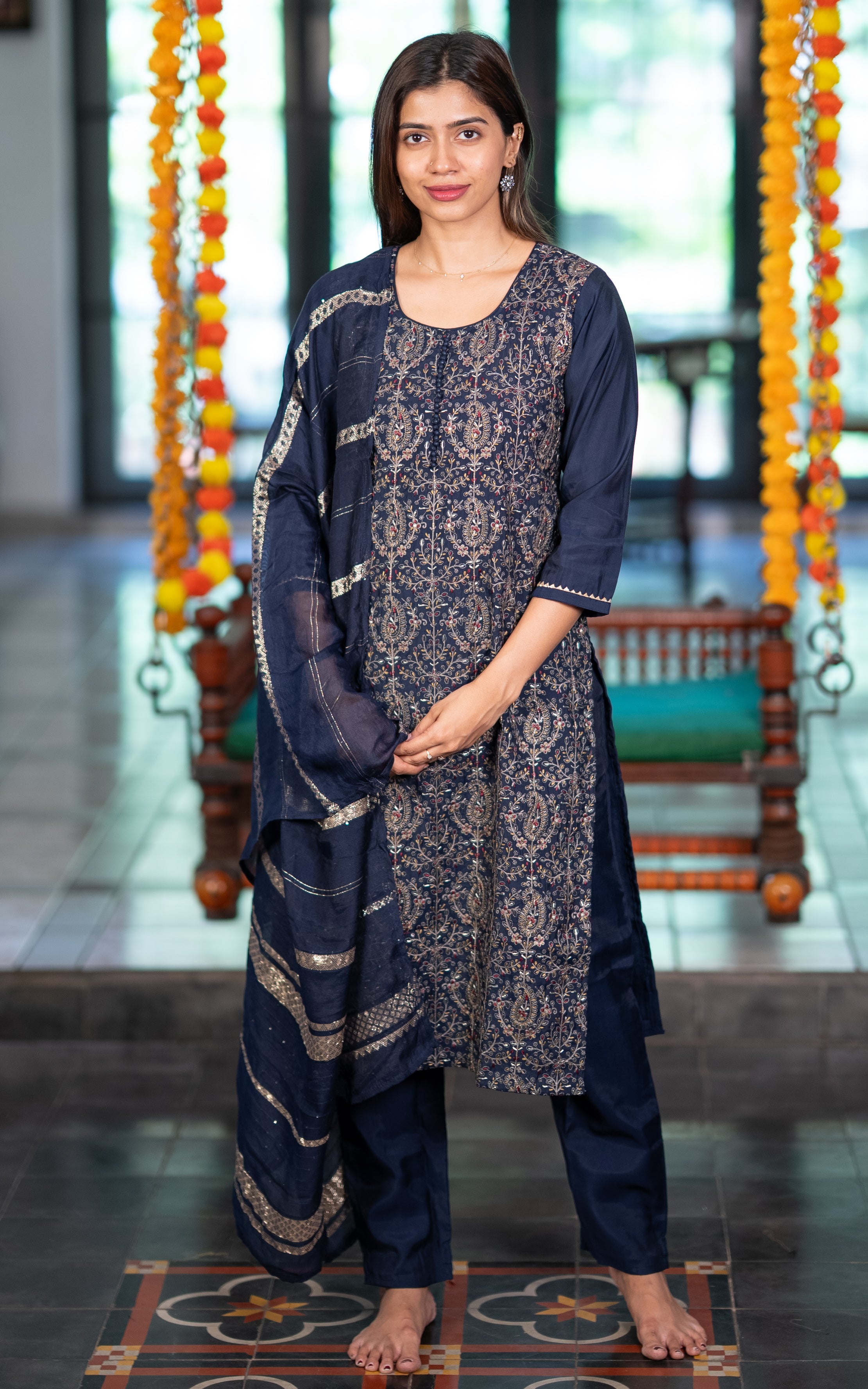 Instore – Navy Blue Vaanadhi Kurti Pant Dupatta Set for Women – Art Silk – Thread Embroidery – Ethnic Wear