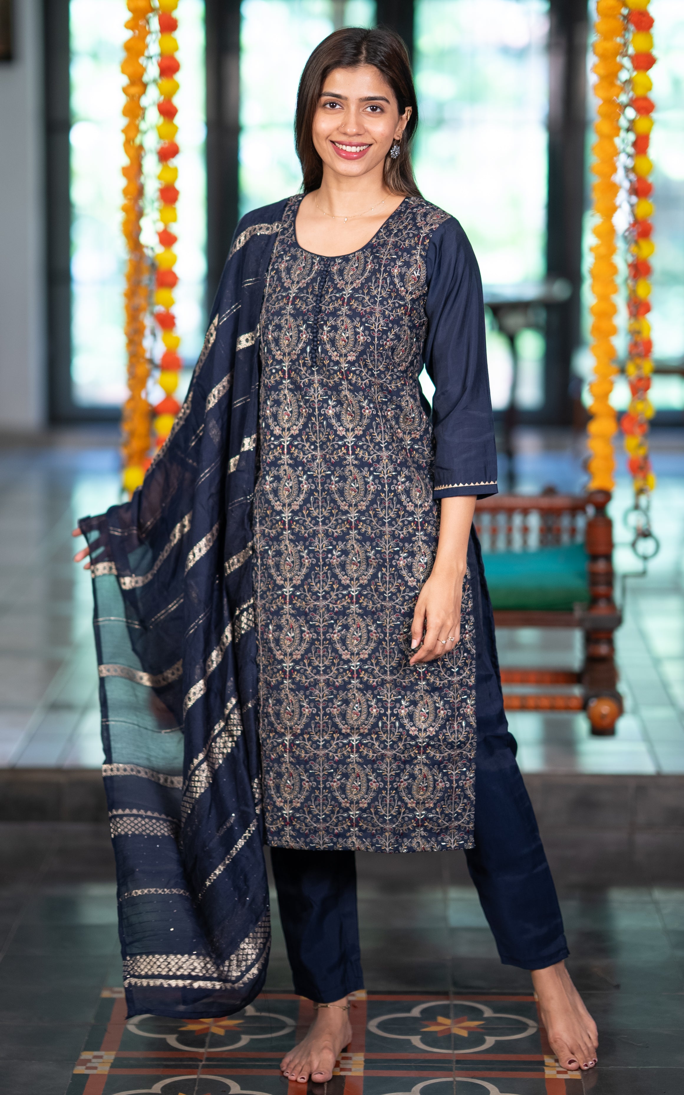 Instore – Navy Blue Vaanadhi Kurti Pant Dupatta Set for Women – Art Silk – Thread Embroidery – Ethnic Wear