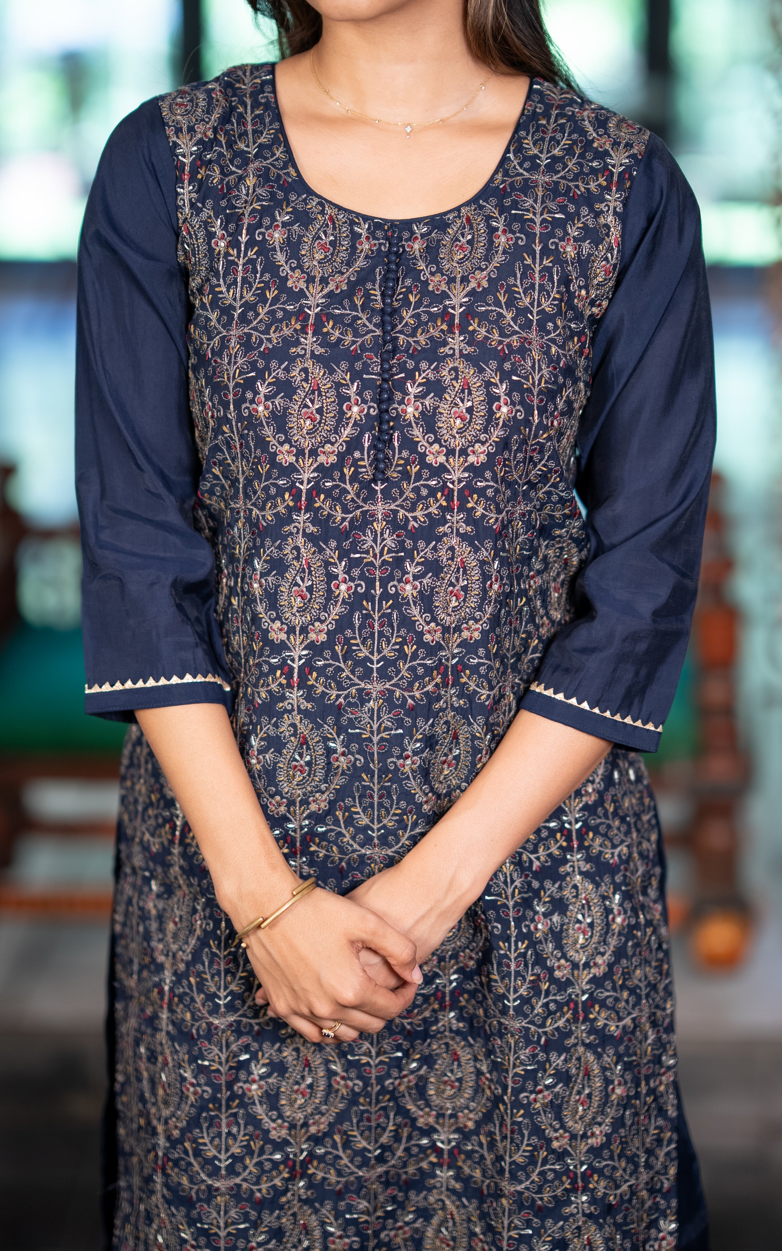 Instore – Navy Blue Vaanadhi Kurti Pant Dupatta Set for Women – Art Silk – Thread Embroidery – Ethnic Wear