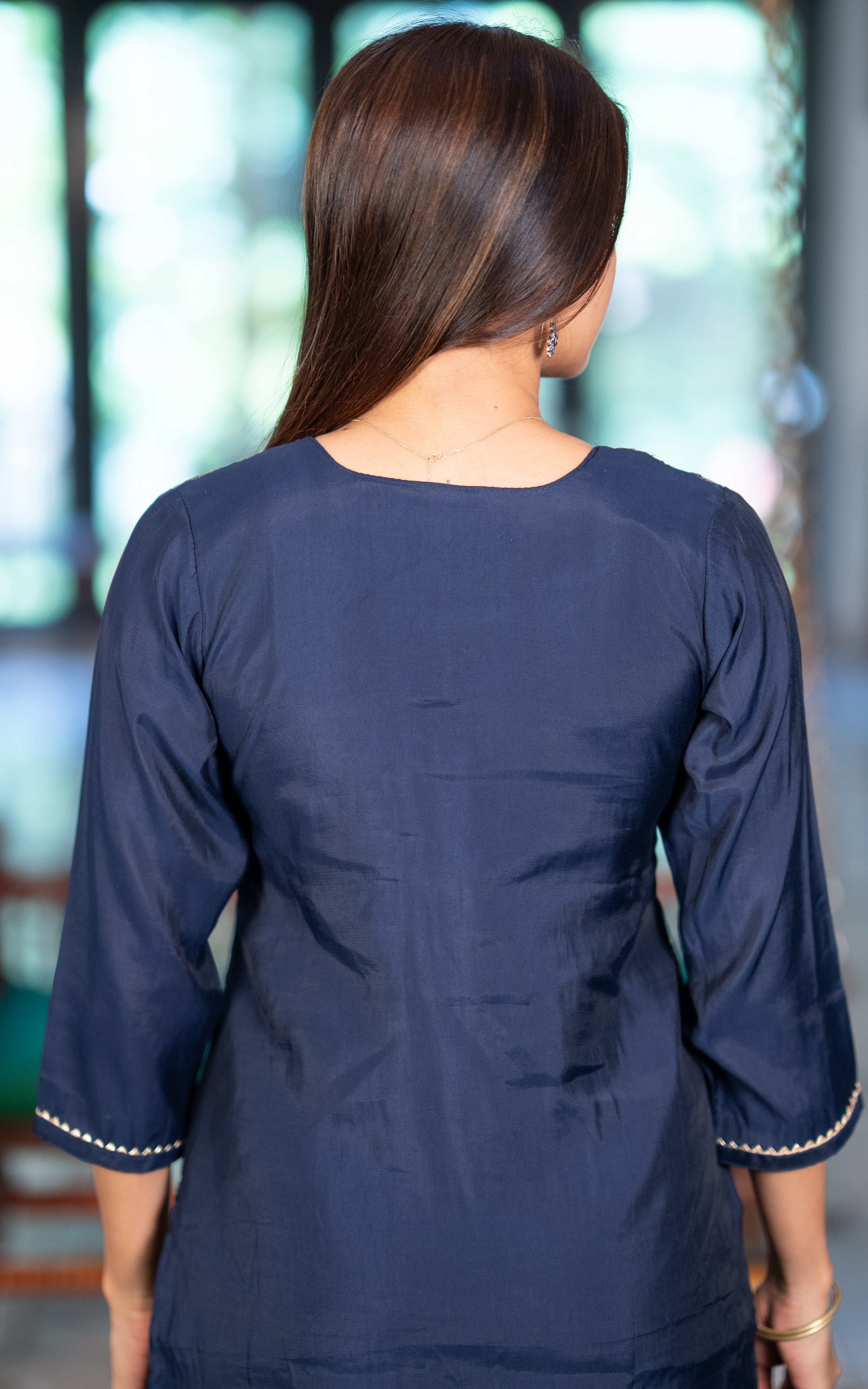 Instore – Navy Blue Vaanadhi Kurti Pant Dupatta Set for Women – Art Silk – Thread Embroidery – Ethnic Wear