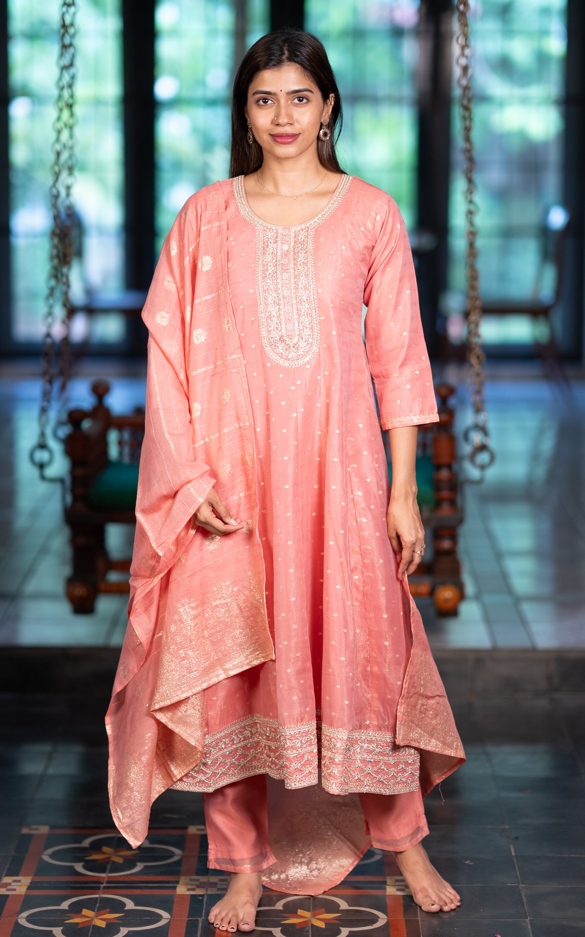 Instore – Peach Pranithi Kurti Pant Dupatta Set for Women – Cotton – Printed – Ethnic Wear