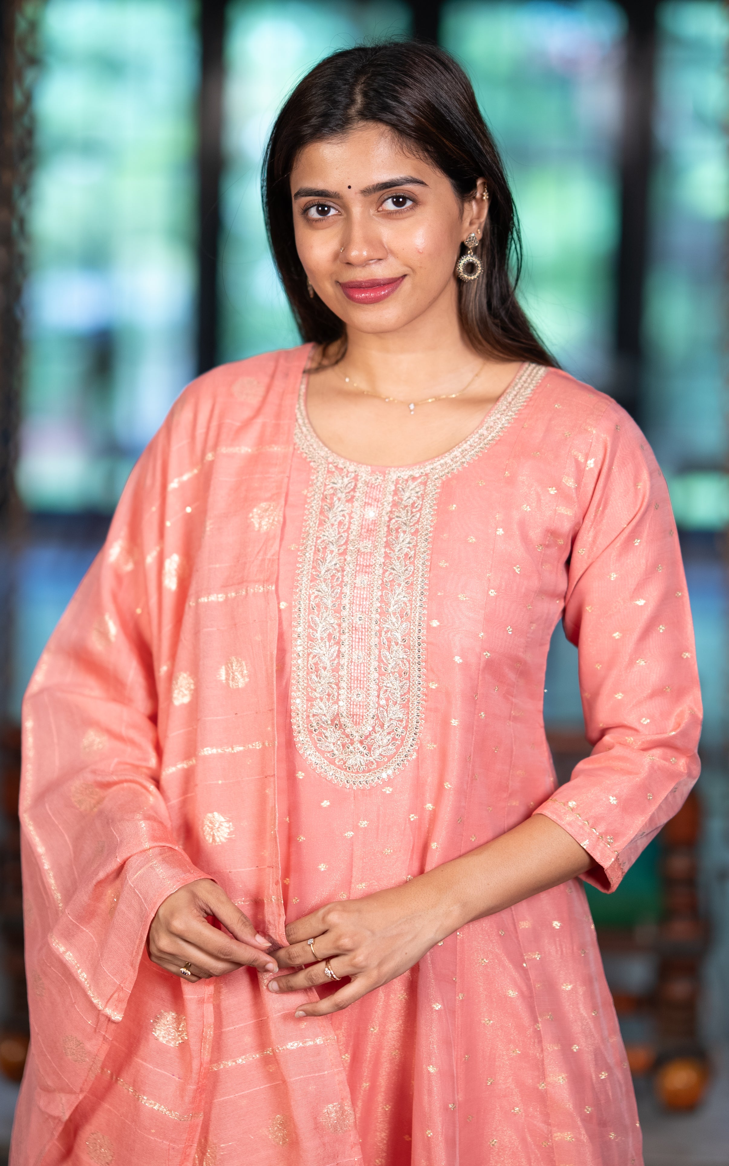 Instore – Peach Pranithi Kurti Pant Dupatta Set for Women – Cotton – Printed – Ethnic Wear