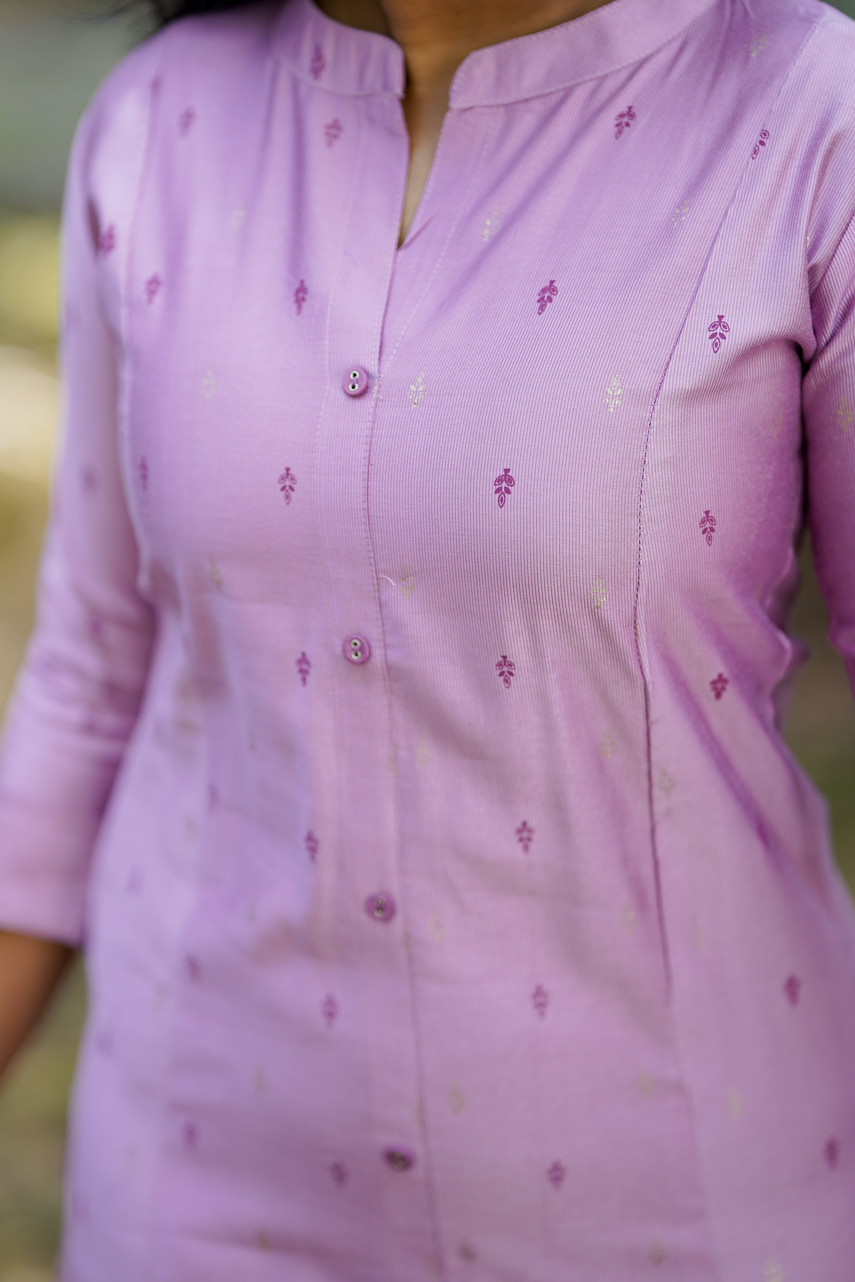 cxlosed collar neck semi silk pattern pink kurti with dark pink prints in kurti