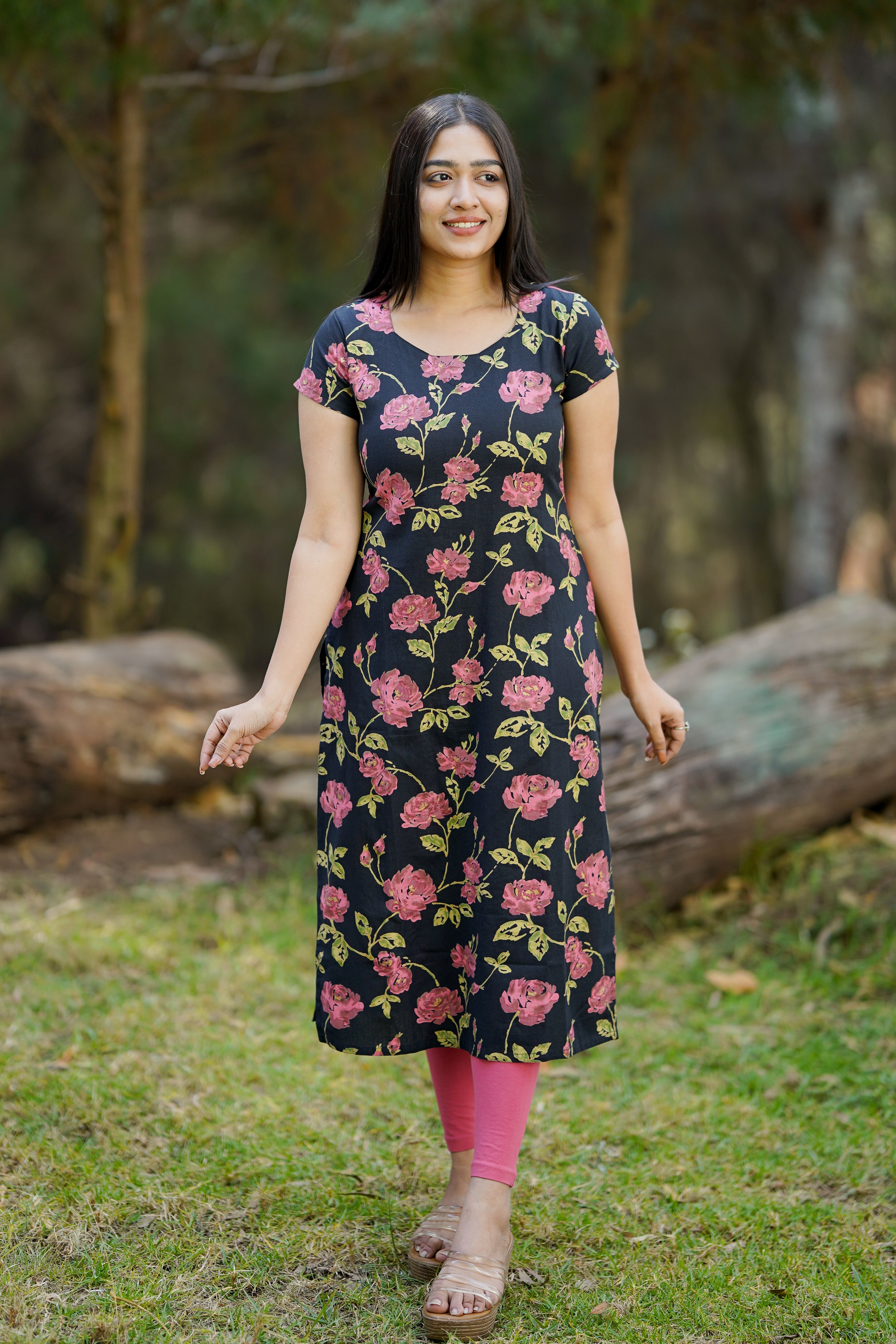 Black & Pink with floral prints in kurti full cotton fabric
