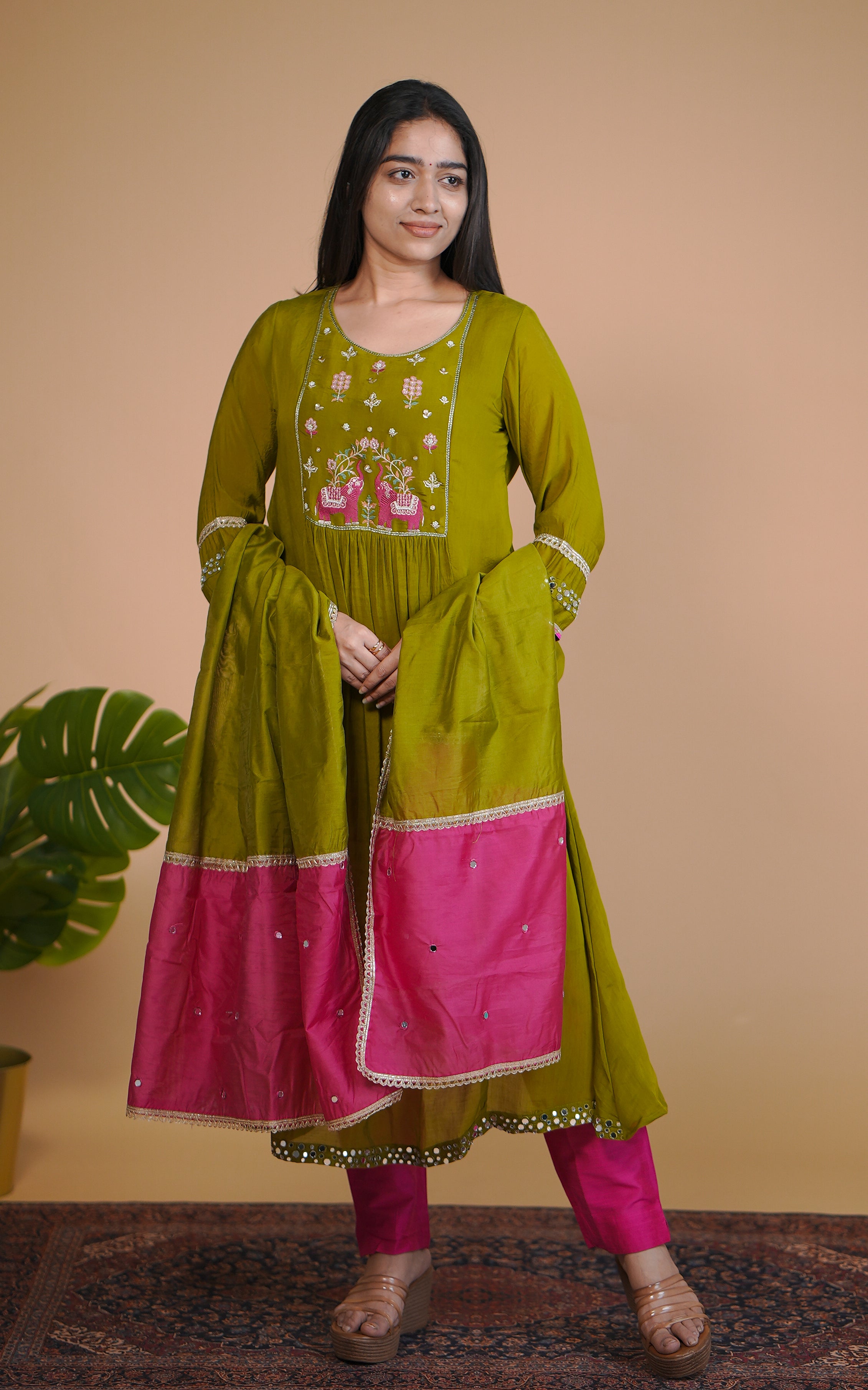 Instore – Olive Green Aira Kurti with Dupatta for Women – Art Silk – Festive Ethnic Wear