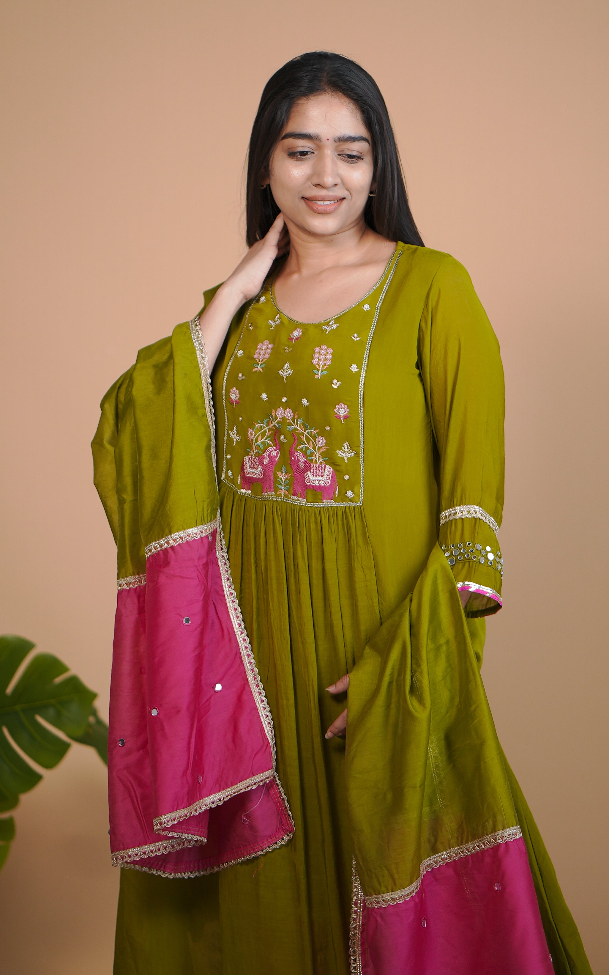 Instore – Olive Green Aira Kurti with Dupatta for Women – Art Silk – Festive Ethnic Wear