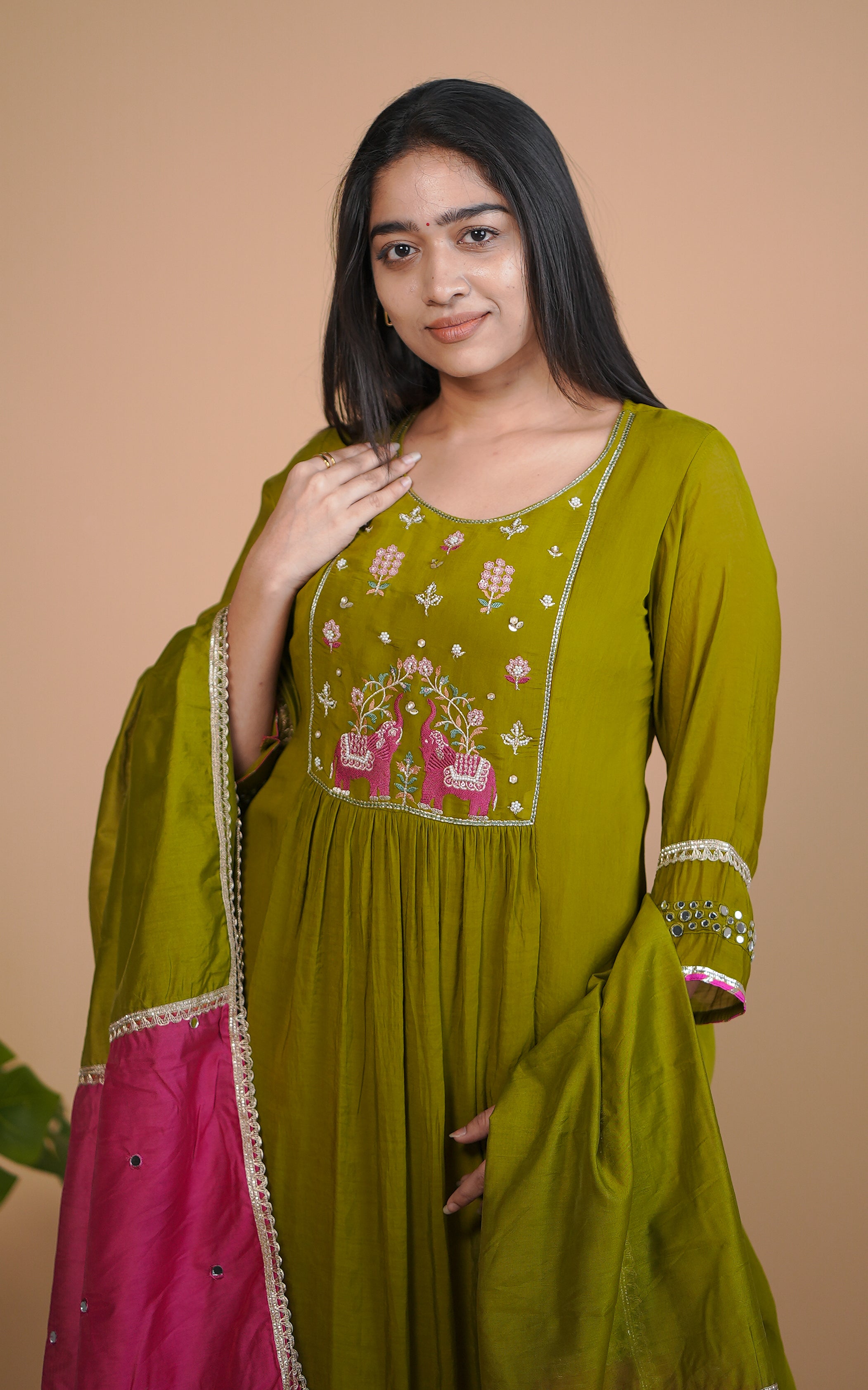 Instore – Olive Green Aira Kurti with Dupatta for Women – Art Silk – Festive Ethnic Wear