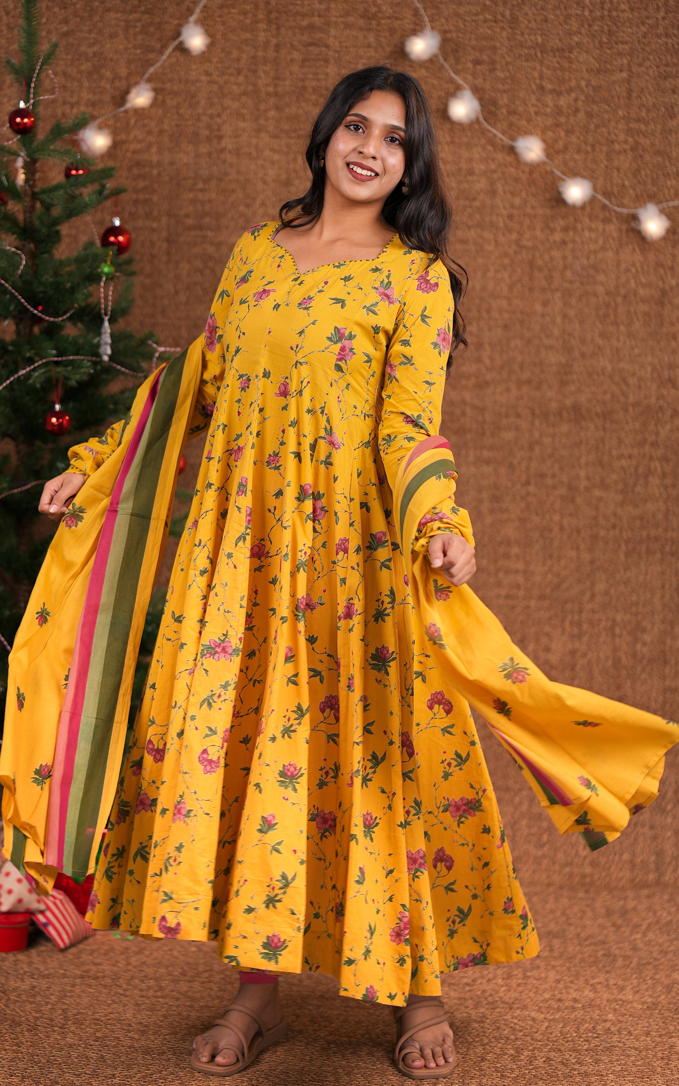 Instore - Mustard Color Cotton Gathered Sleeve Full Flared Anarkali Kurti with Cotton Dupatta & No Lining