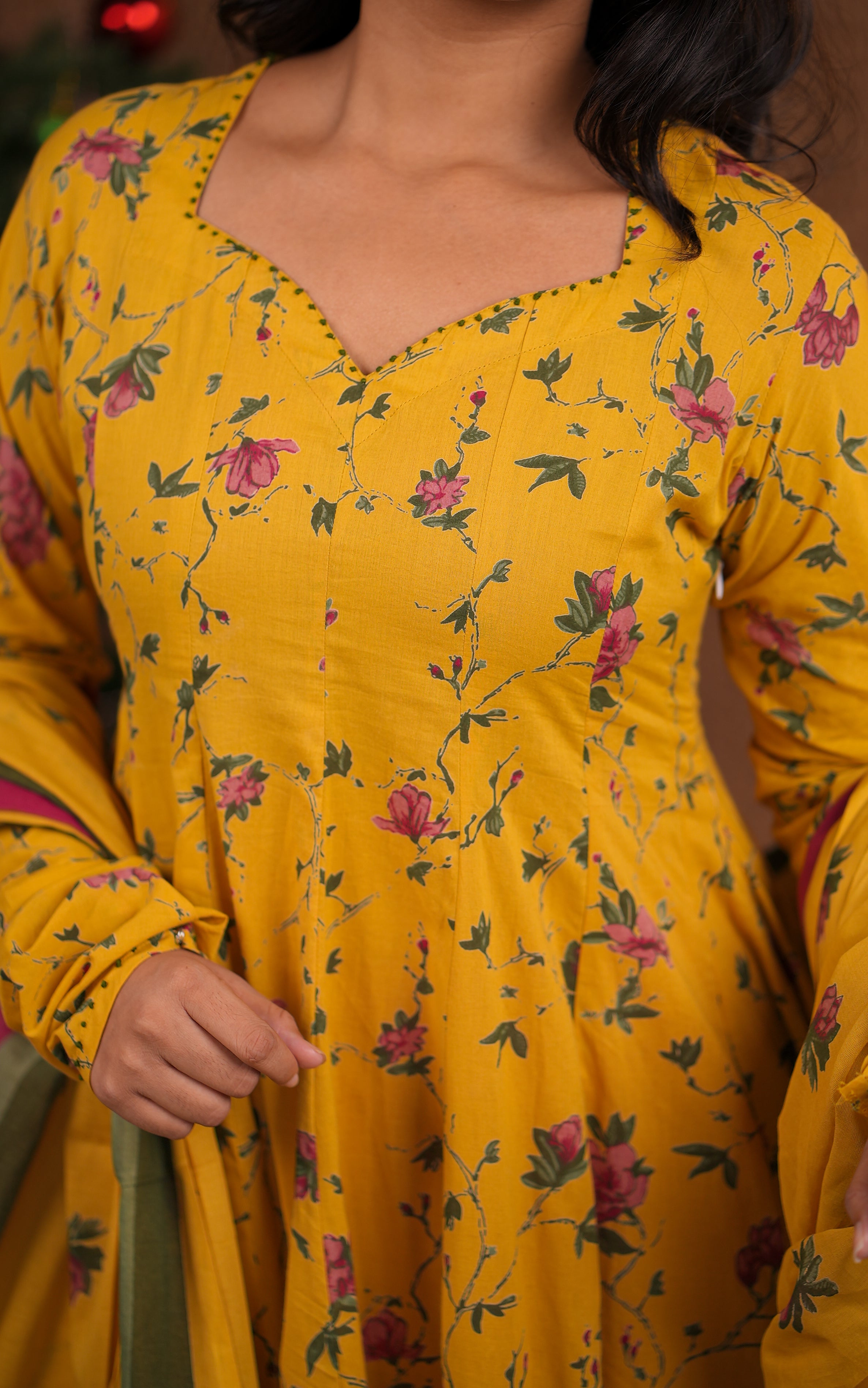 Instore - Mustard Color Cotton Gathered Sleeve Full Flared Anarkali Kurti with Cotton Dupatta & No Lining