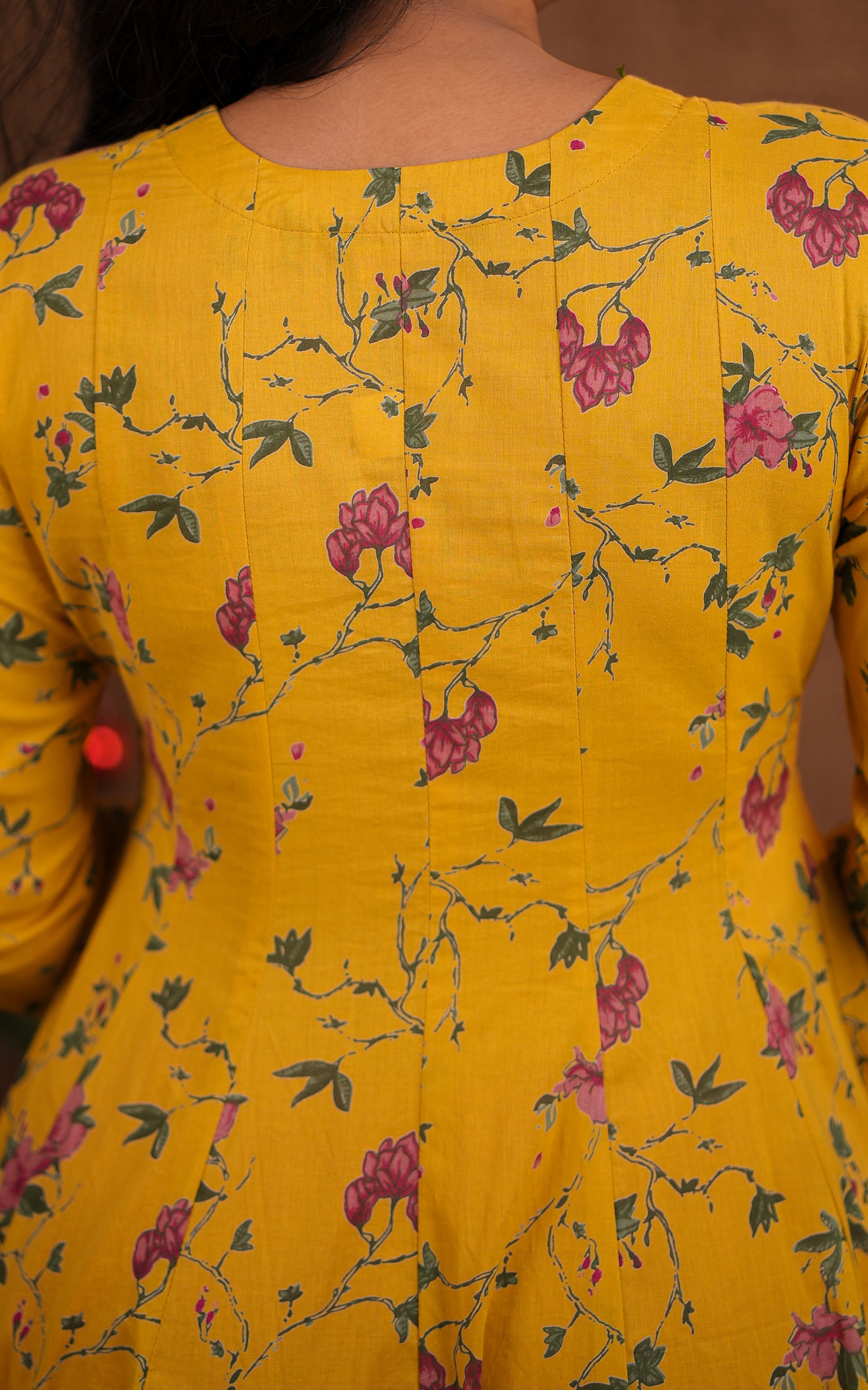 Instore - Mustard Color Cotton Gathered Sleeve Full Flared Anarkali Kurti with Cotton Dupatta & No Lining