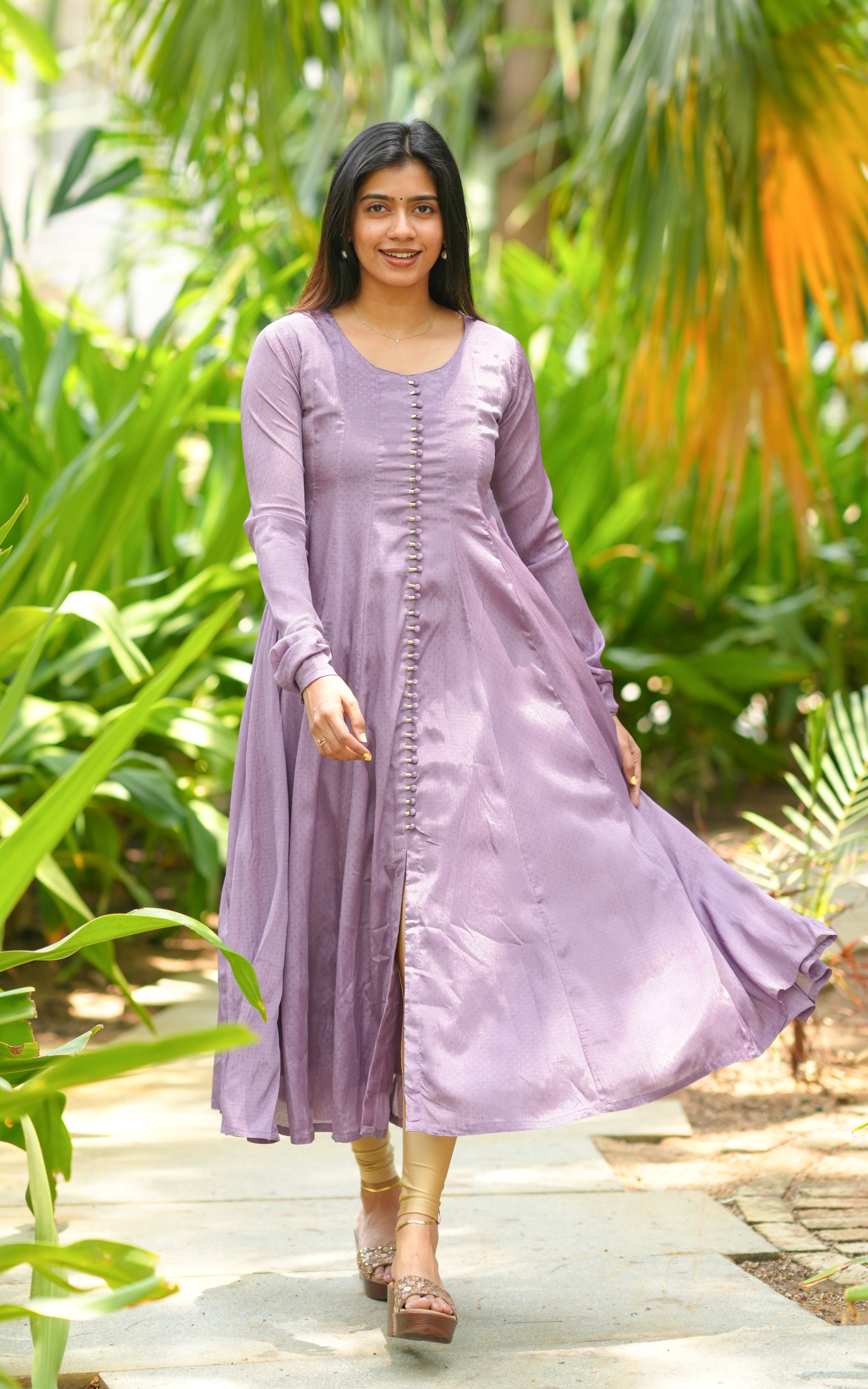 Lavender dobby crushed faux silk Anarkali kurti for women