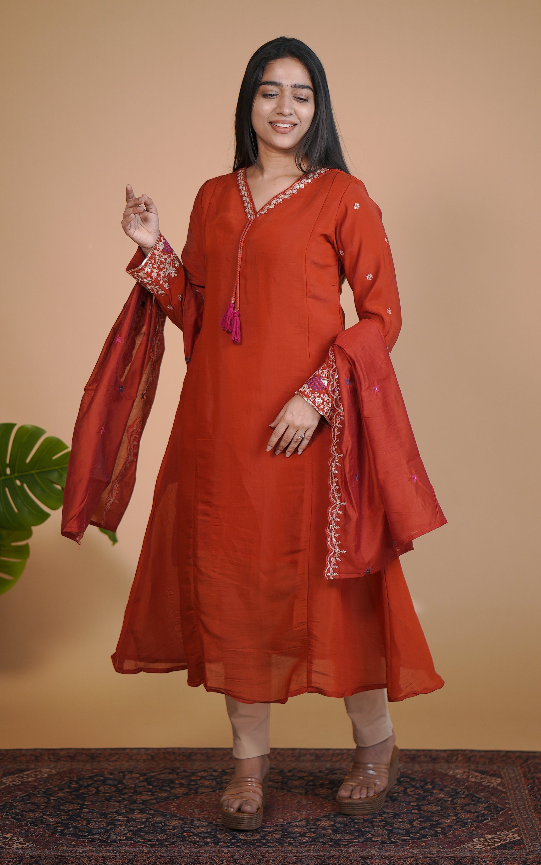 Instore – Rust Tejasvi Kurti with Dupatta for Women – Art Silk – Festive Ethnic Wear