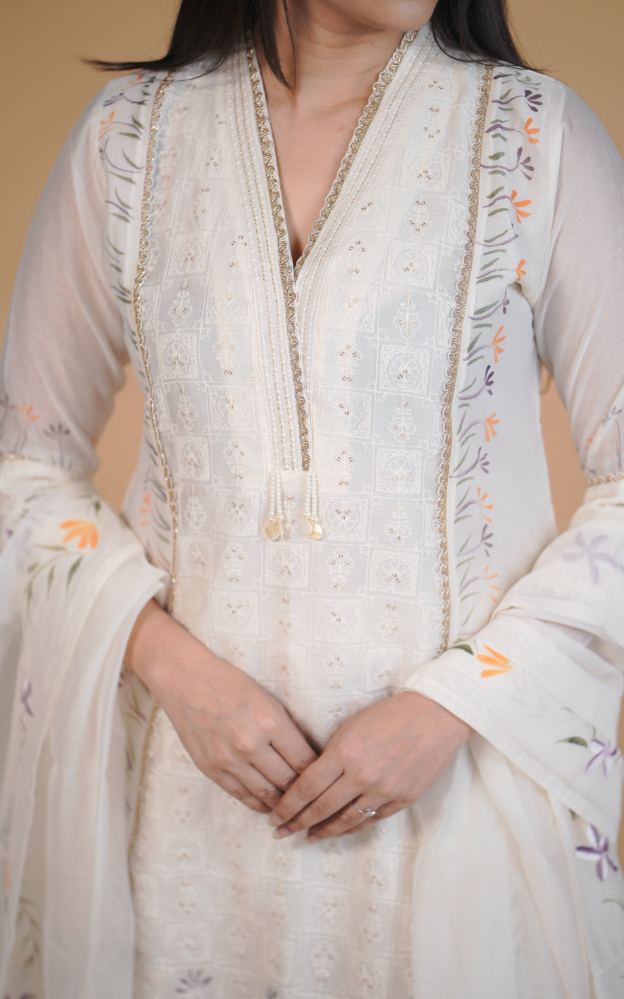 Instore – Ivory Blossom Kurti Pant Dupatta Set for Women – Chanderi Silk – Festive Ethnic Wear
