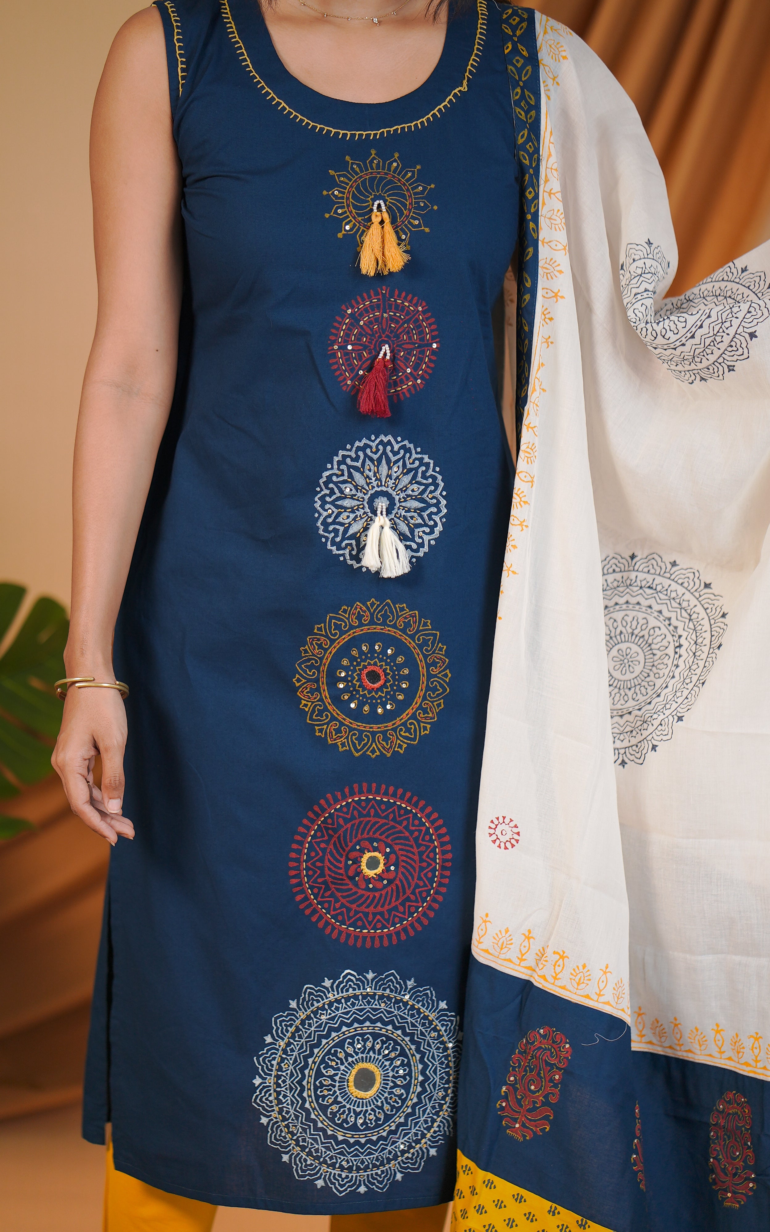 Dark navy blue ethnic cotton kurti for women