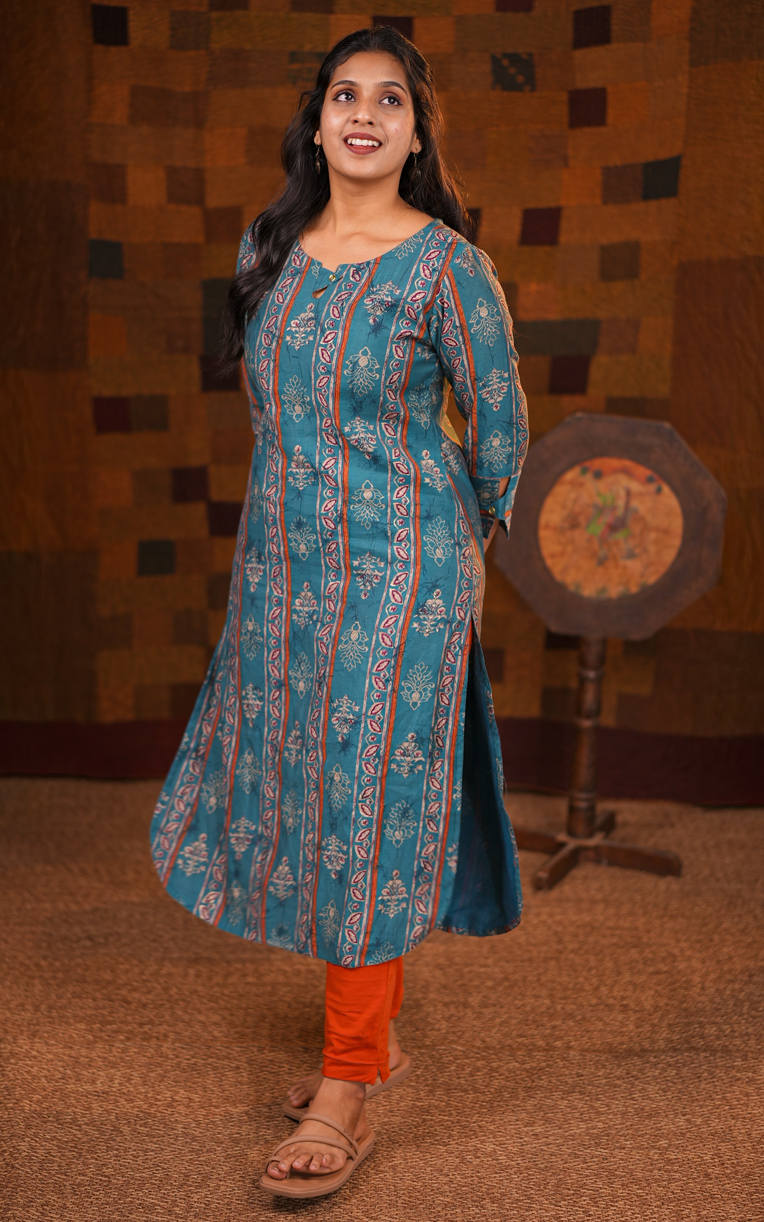 Instore - Ocean Blue Color Art Silk Straight Cut kurti with an Apple Cut Bottom Finish Keyhole Neckline & Sleeves