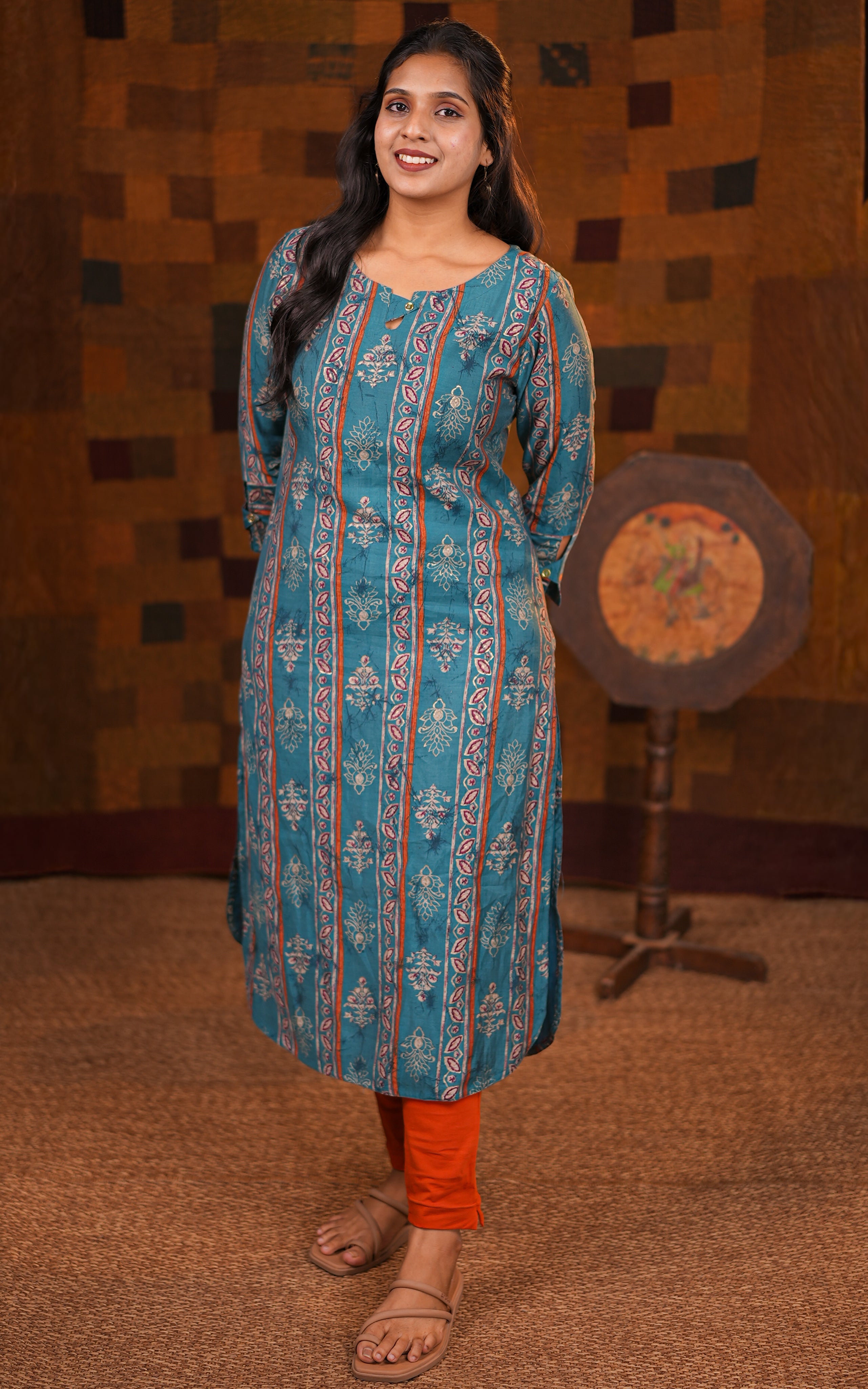 Instore - Ocean Blue Color Art Silk Straight Cut kurti with an Apple Cut Bottom Finish Keyhole Neckline & Sleeves