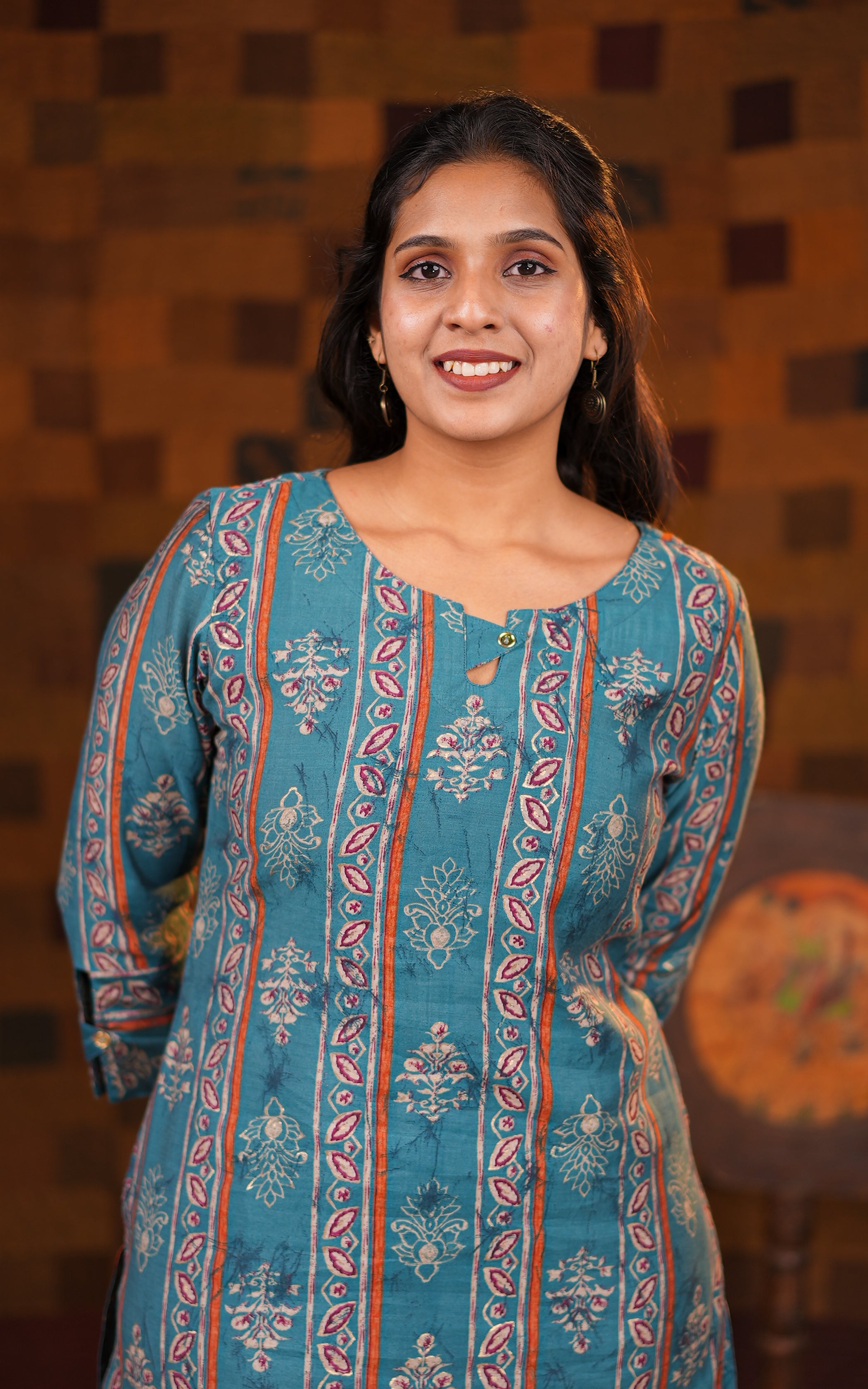 Instore - Ocean Blue Color Art Silk Straight Cut kurti with an Apple Cut Bottom Finish Keyhole Neckline & Sleeves