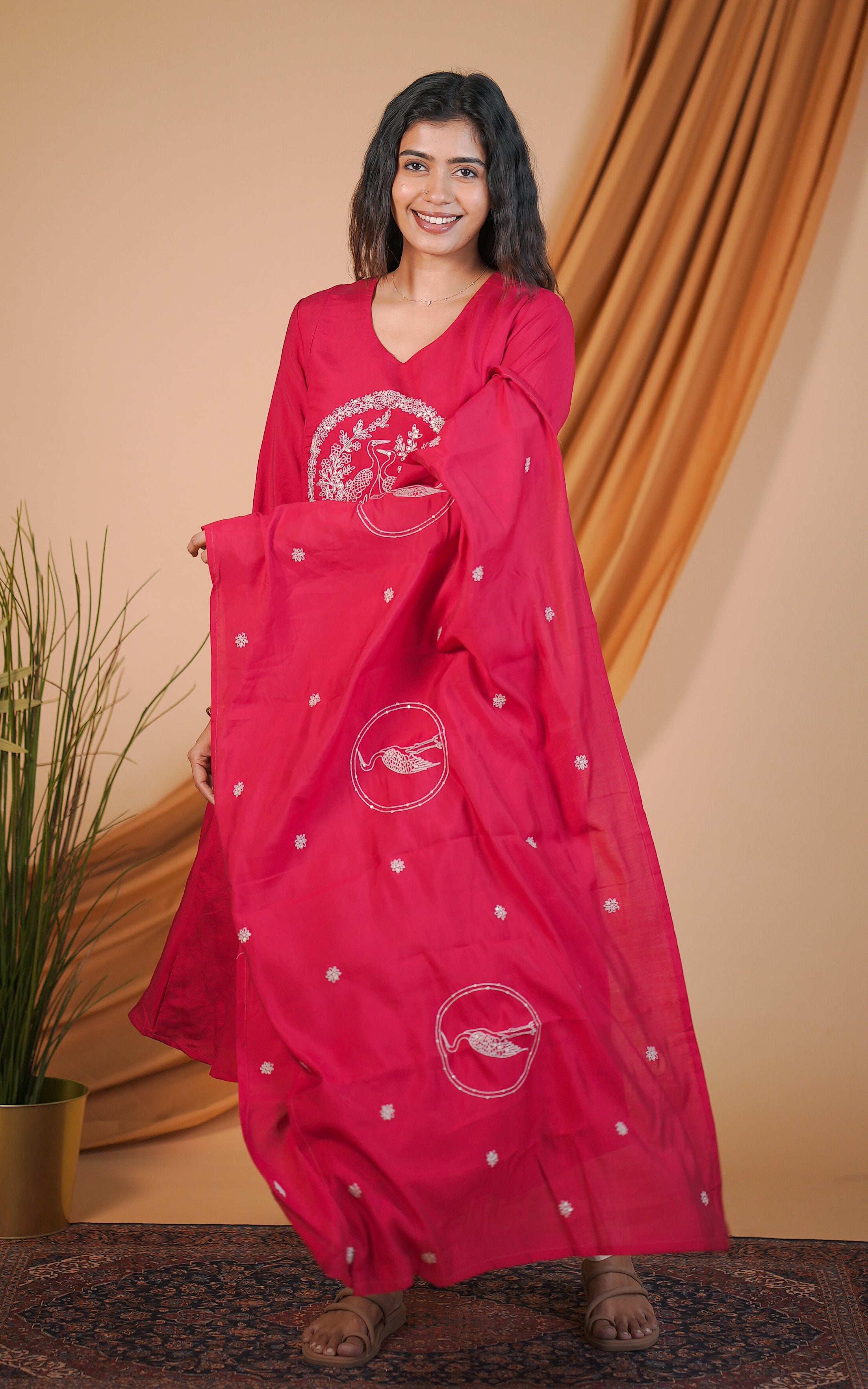 Instore – Reddish Pink Hansika Kurti with Dupatta for Women – Art Silk – Festive Ethnic Wear