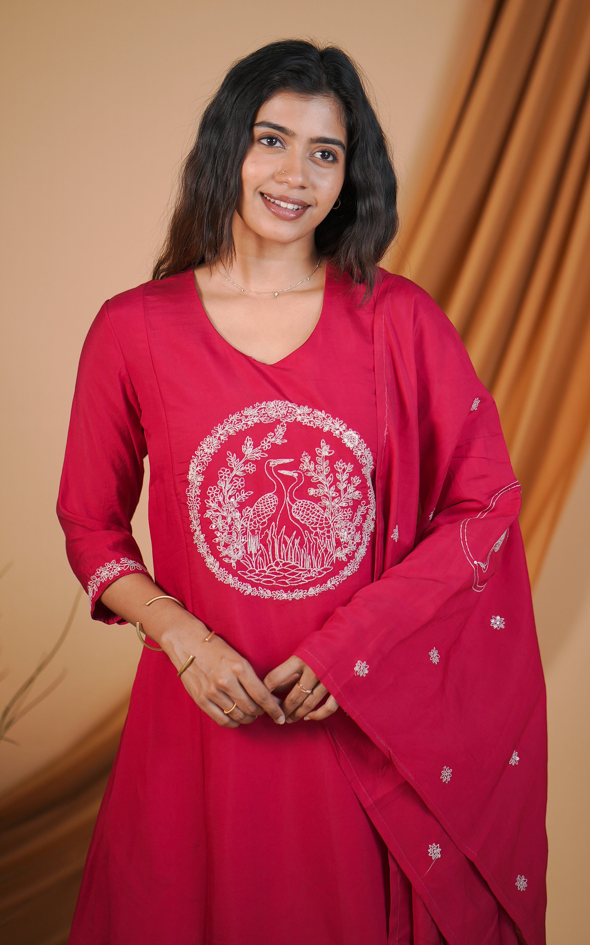 Instore – Reddish Pink Hansika Kurti with Dupatta for Women – Art Silk – Festive Ethnic Wear