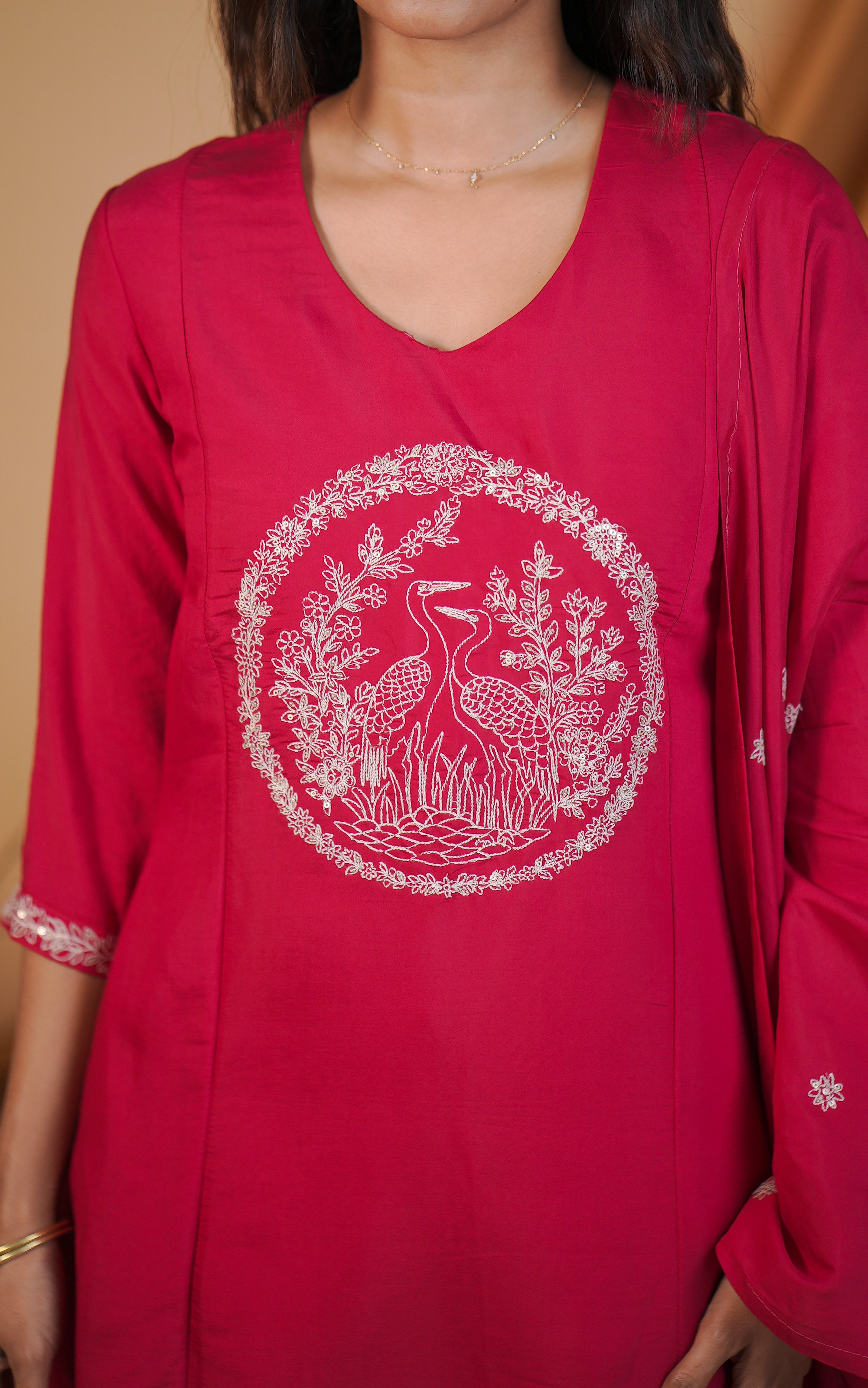 Instore – Reddish Pink Hansika Kurti with Dupatta for Women – Art Silk – Festive Ethnic Wear