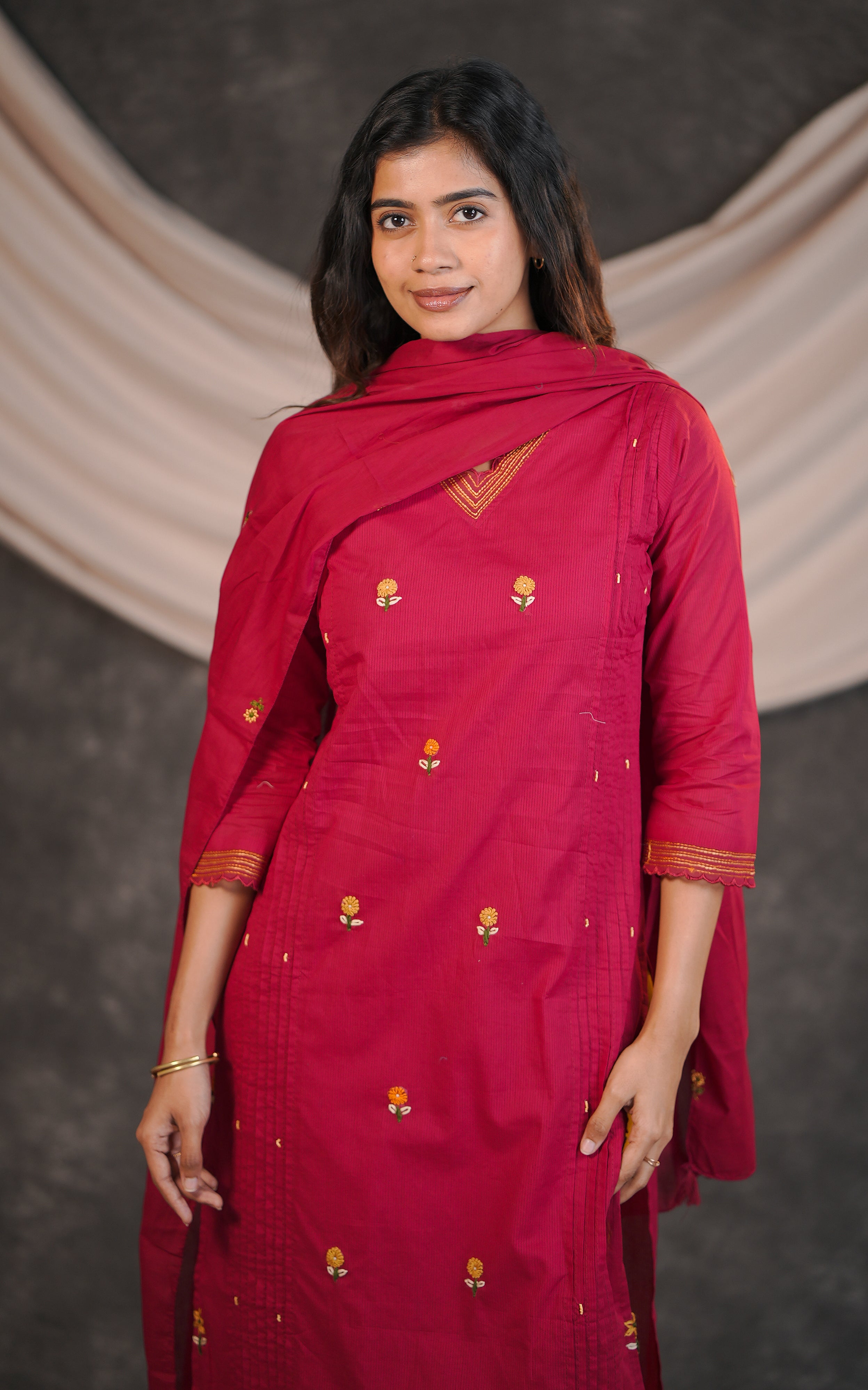Maroon straight cut cotton kurti for women