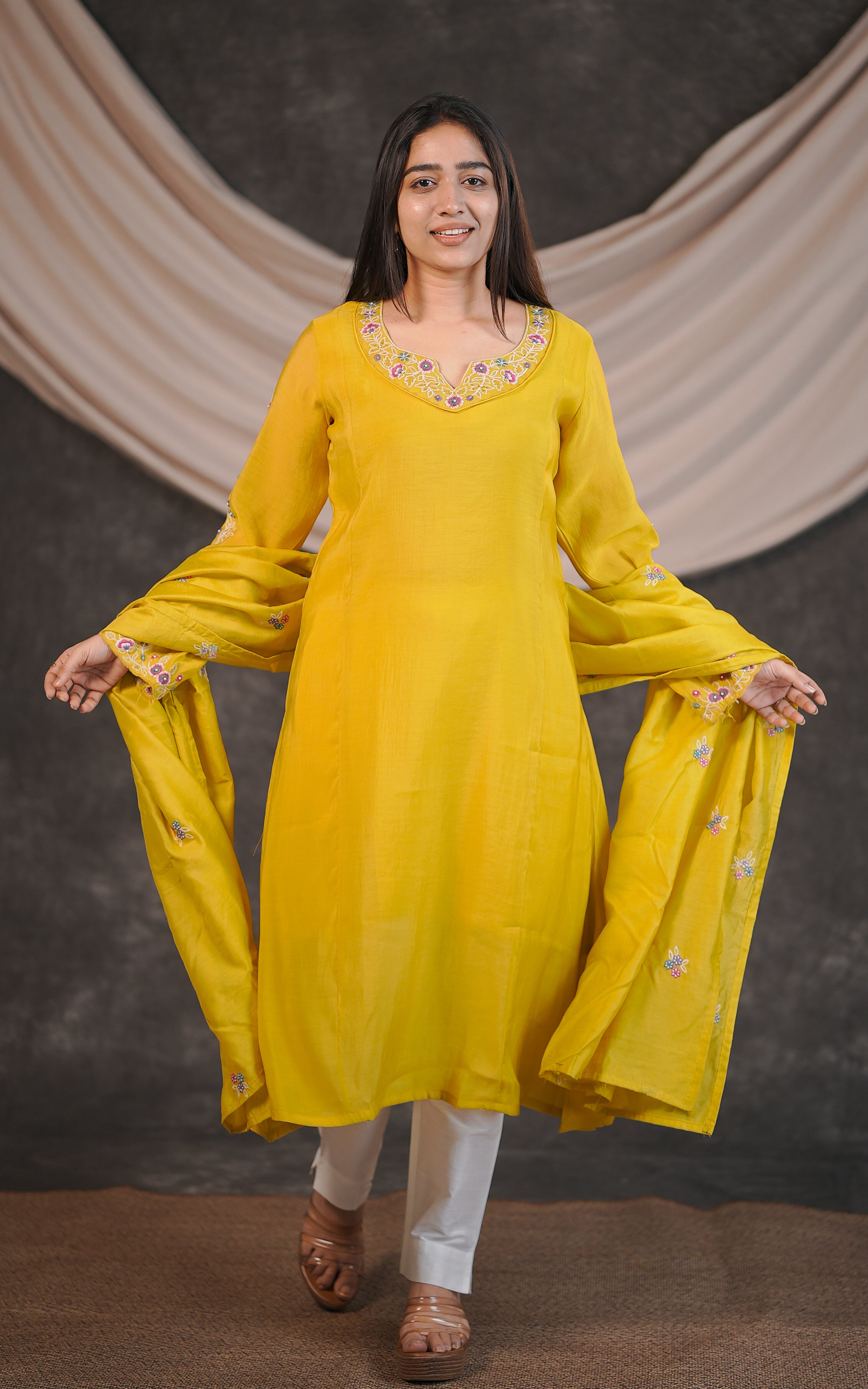 Instore – Lime Yellow Elakkiyam Kurti with Dupatta for Women – Art Silk – Festive Ethnic Wear