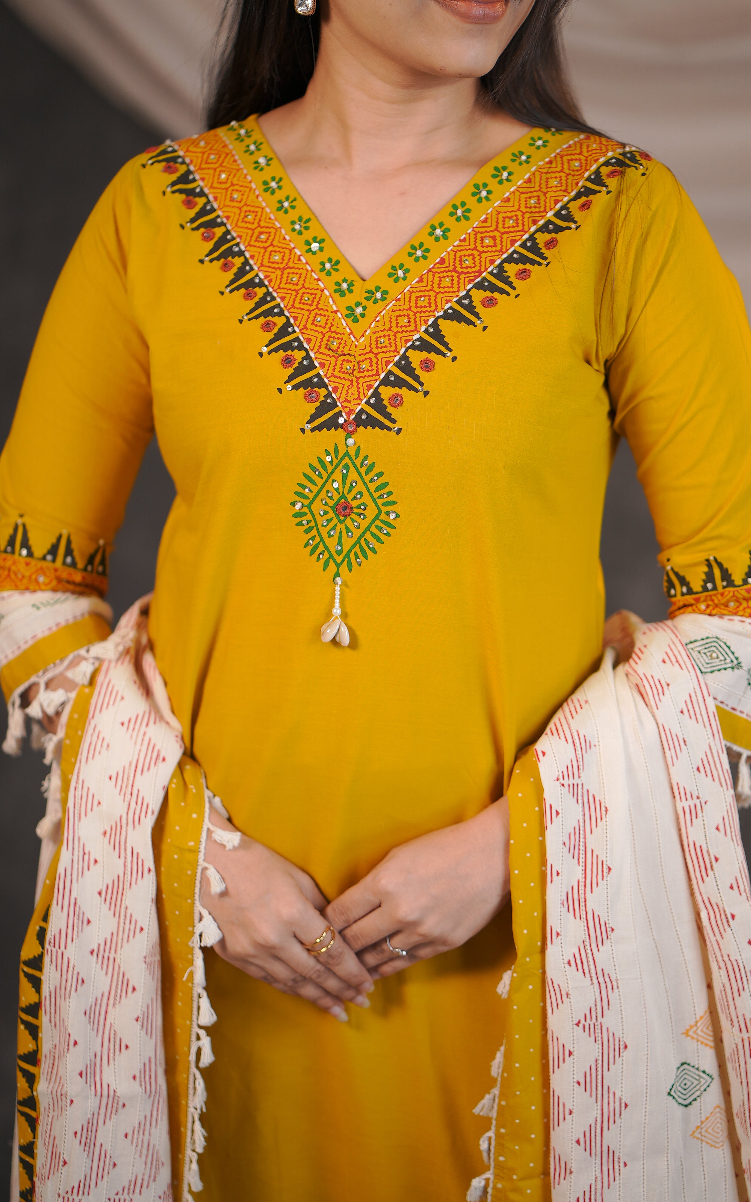 Instore – Manvitha Mustard Cotton Handblock Printed V-Neck Aline Kurti with Handblock Printed Cotton Dupatta – Women's Ethnic Wear
