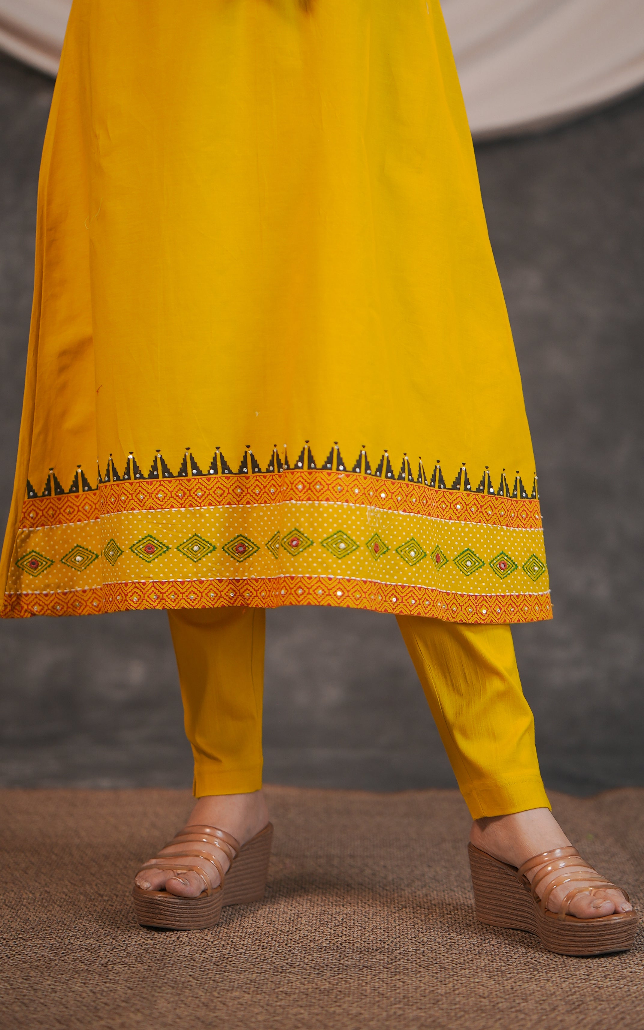 Instore – Manvitha Mustard Cotton Handblock Printed V-Neck Aline Kurti with Handblock Printed Cotton Dupatta – Women's Ethnic Wear