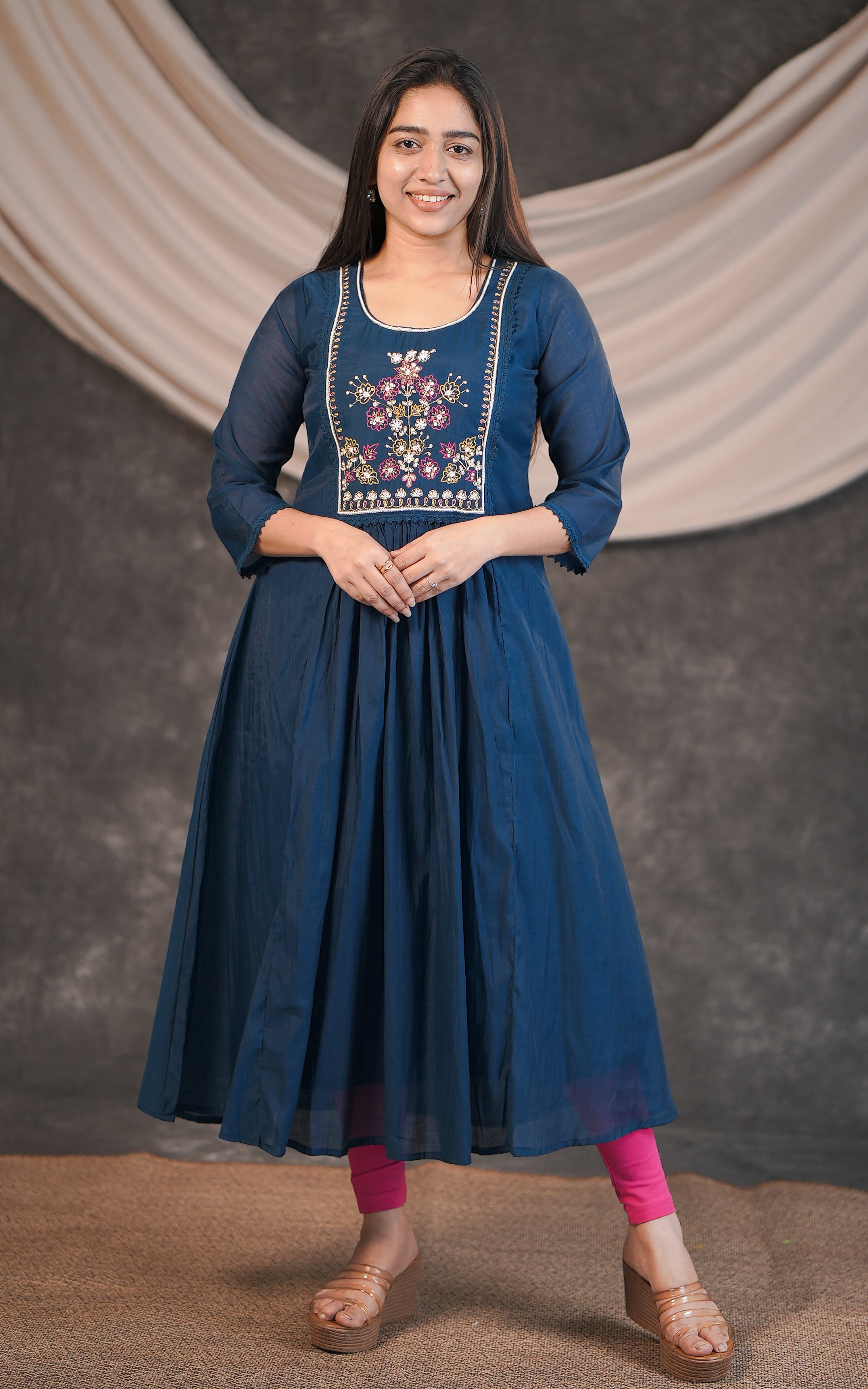 Navy Blue Art Silk Flared A-Line Kurti with Beads Embroidery